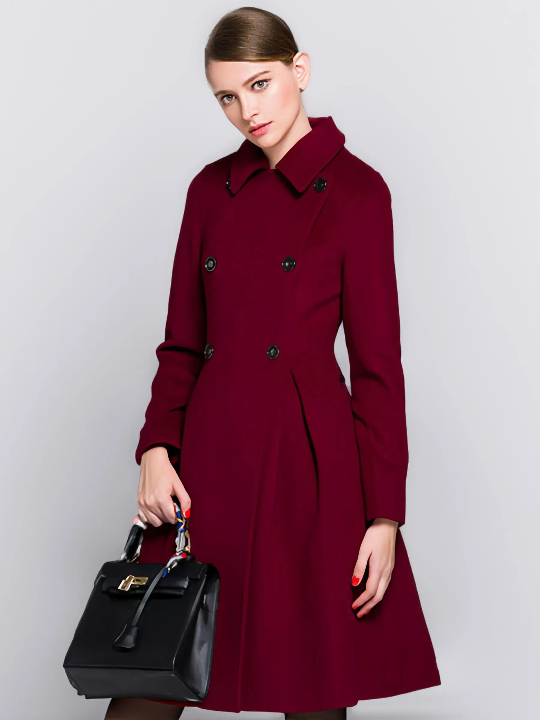 2024 Burgundy Double-Breasted Flared Winter Coat for Women