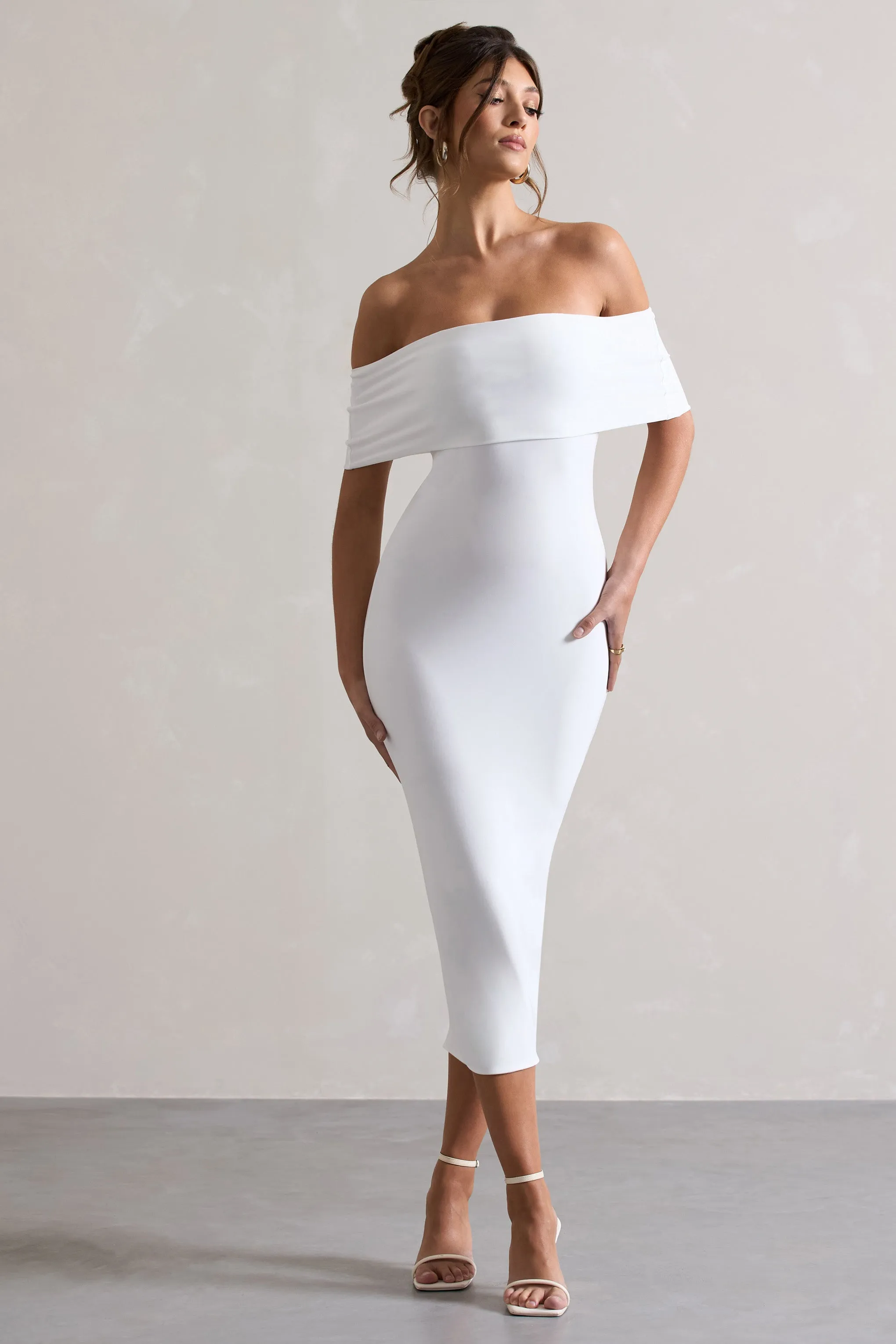 Averie White Bodycon Bardot Midi Dress