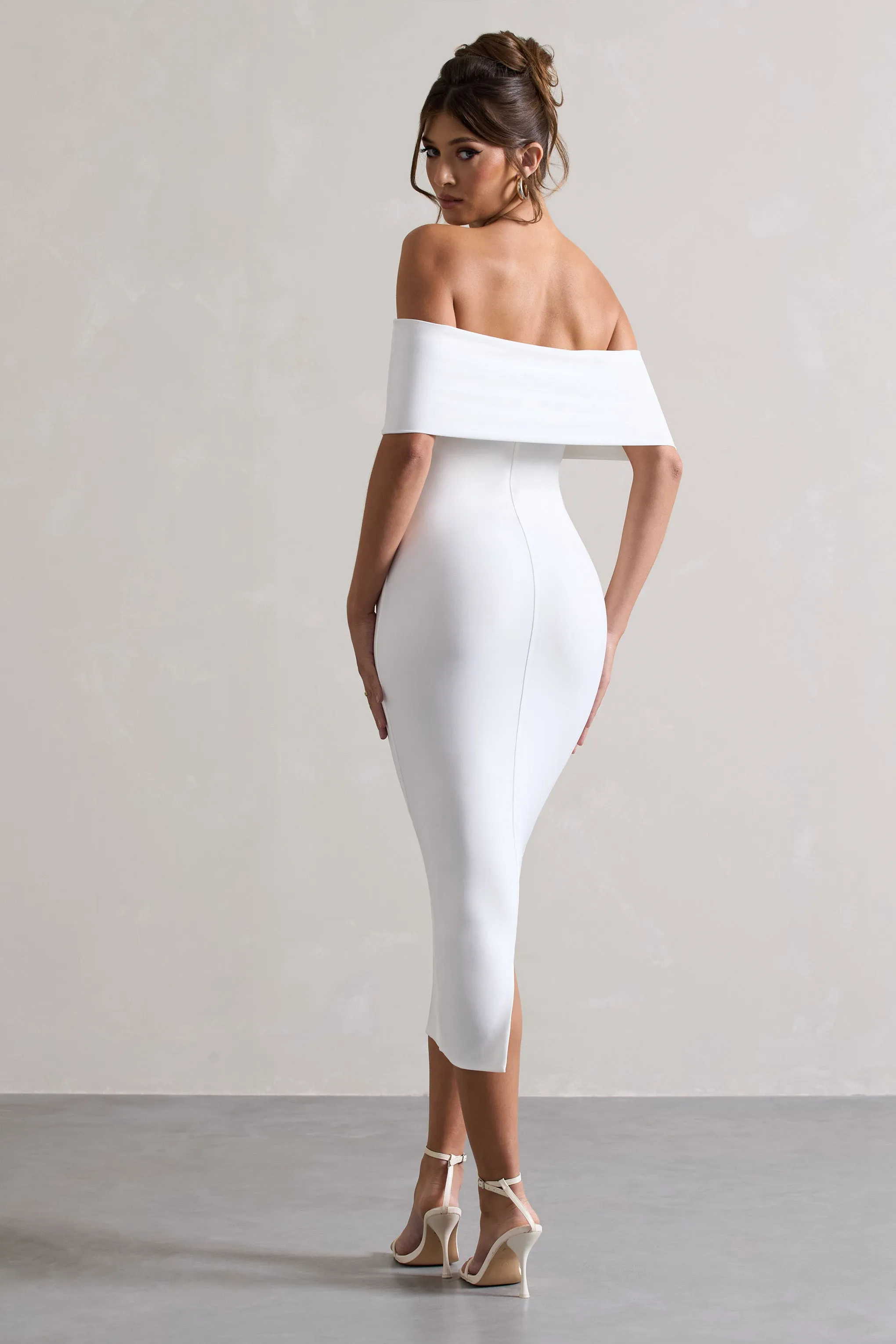 Averie White Bodycon Bardot Midi Dress