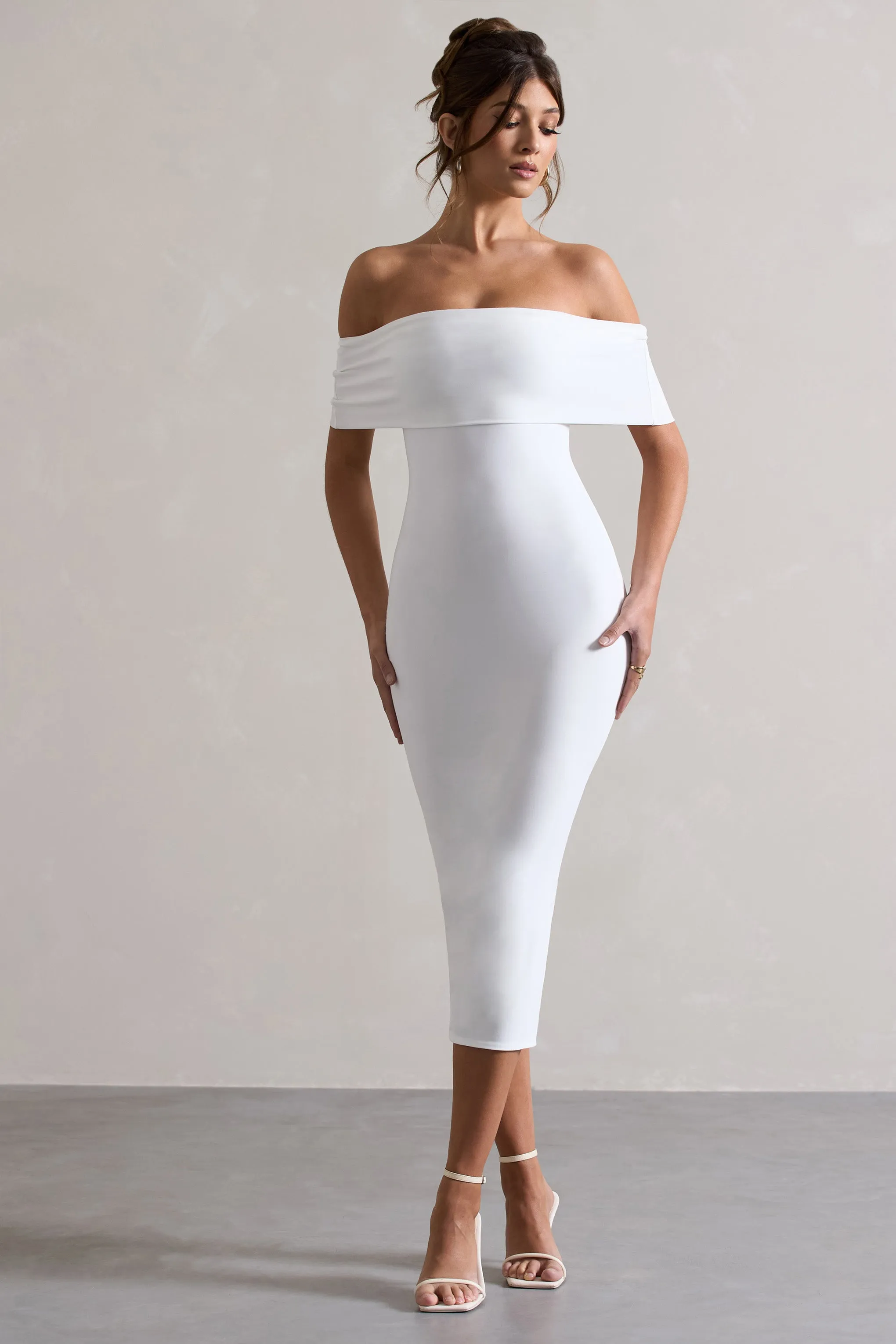 Averie White Bodycon Bardot Midi Dress