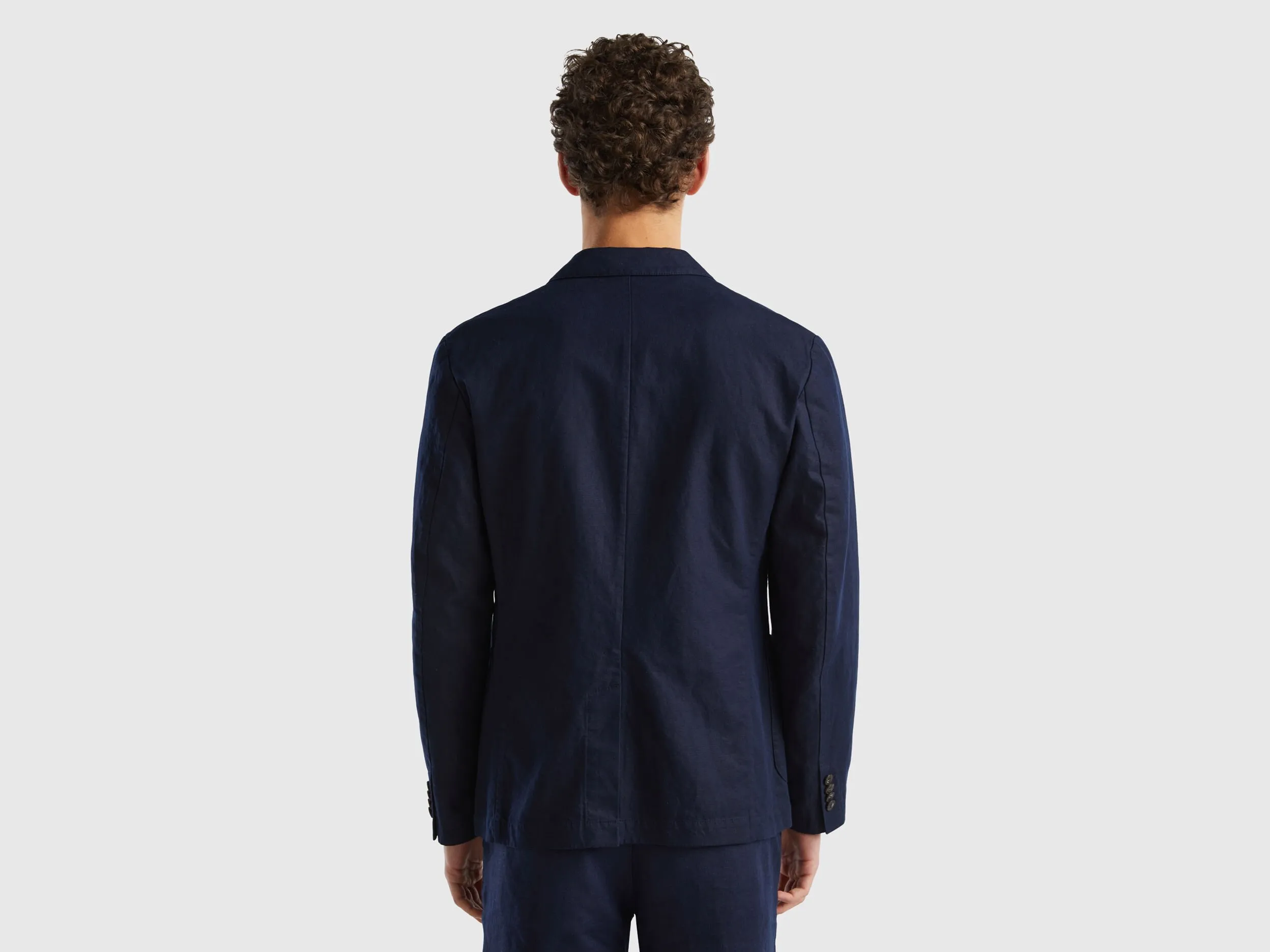 Benetton Dark Blue Linen Blend Slim Fit Blazer.