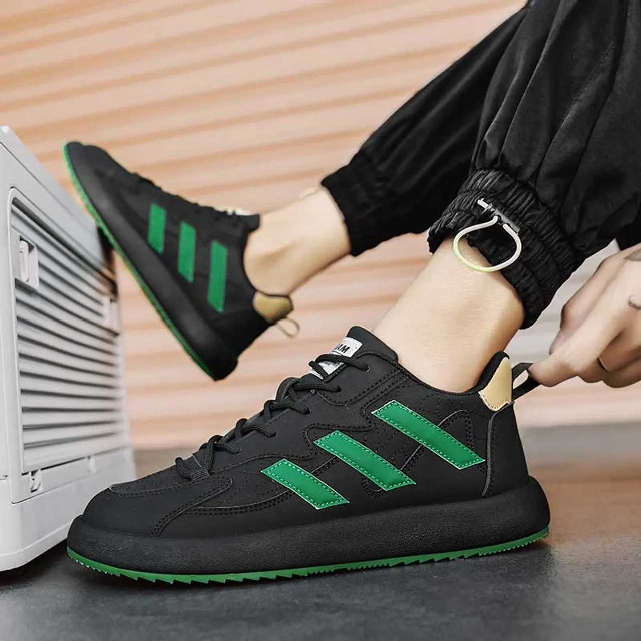 Black Green Stripe Label Pattern Shoe Sneaker 2436