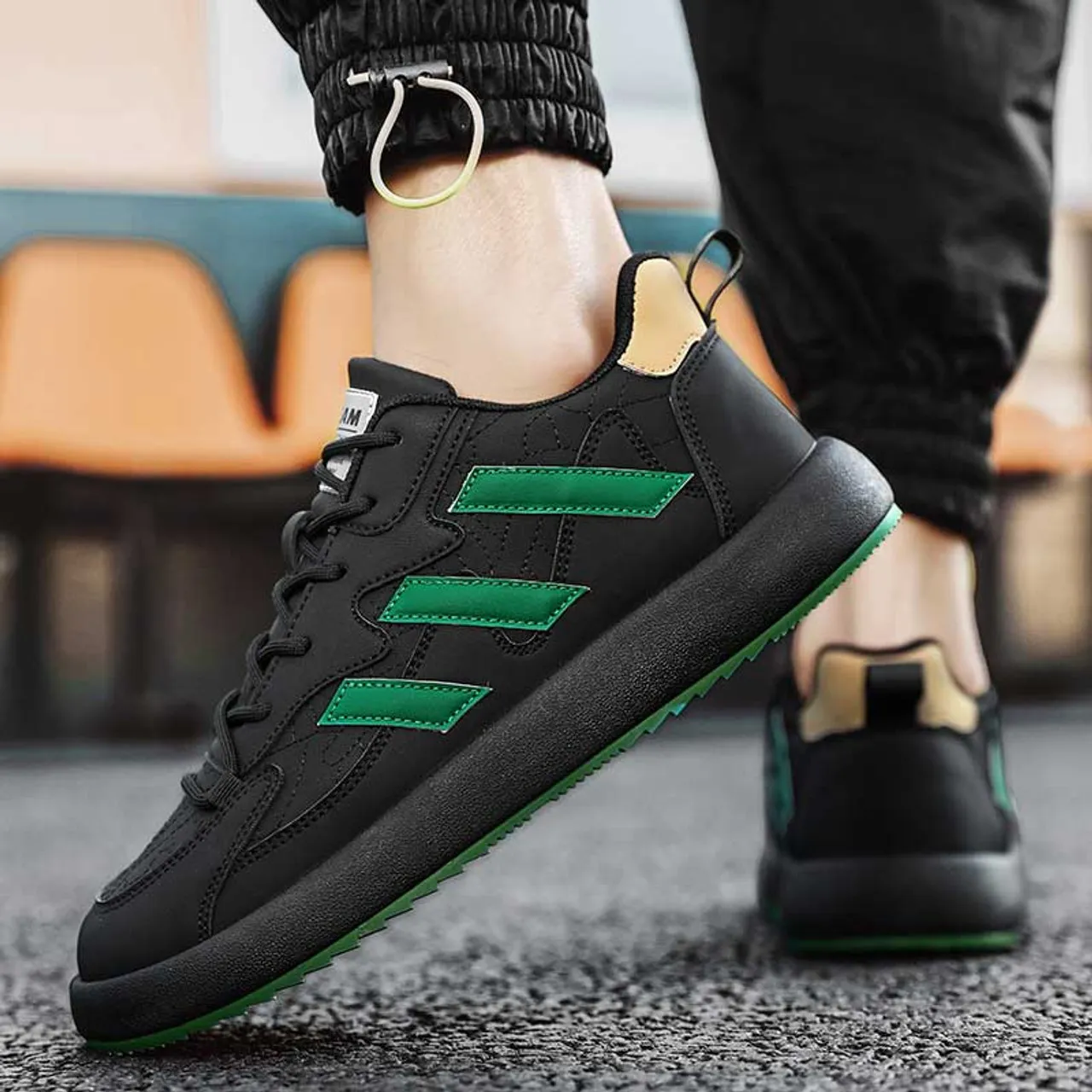 Black Green Stripe Label Pattern Shoe Sneaker 2436