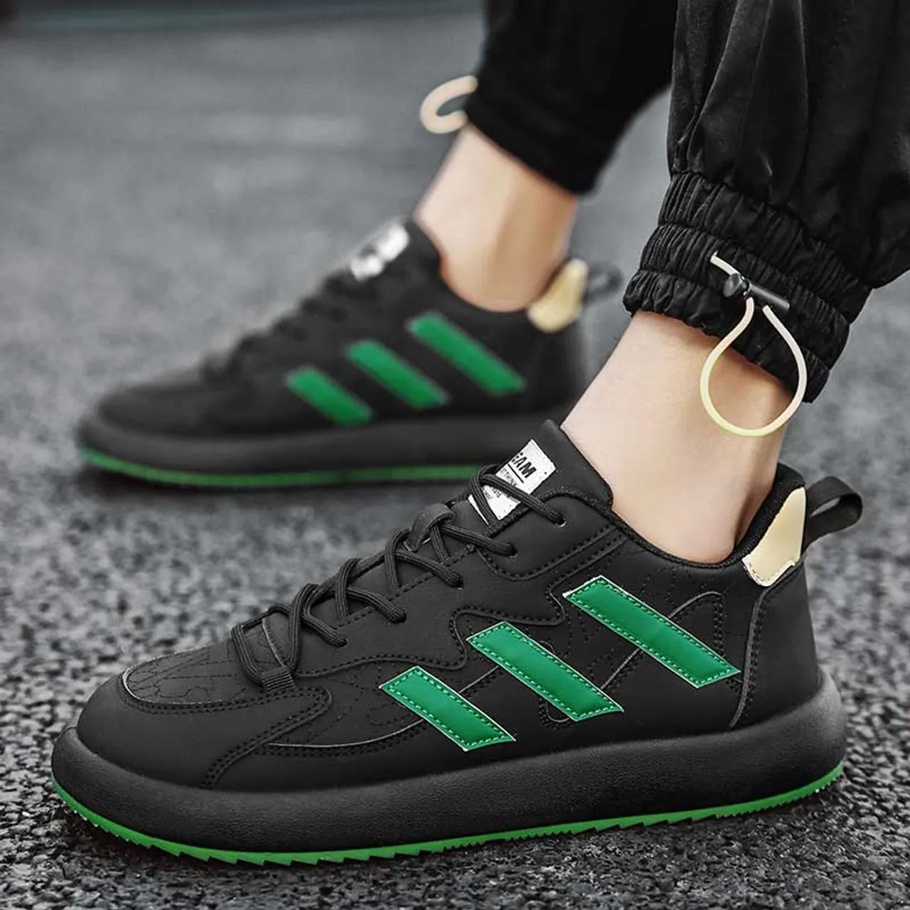 Black Green Stripe Label Pattern Shoe Sneaker 2436