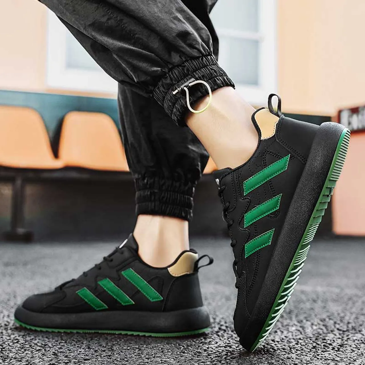 Black Green Stripe Label Pattern Shoe Sneaker 2436