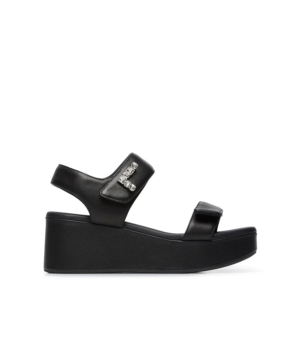 Black Nappa Leather Sandals with Crystals