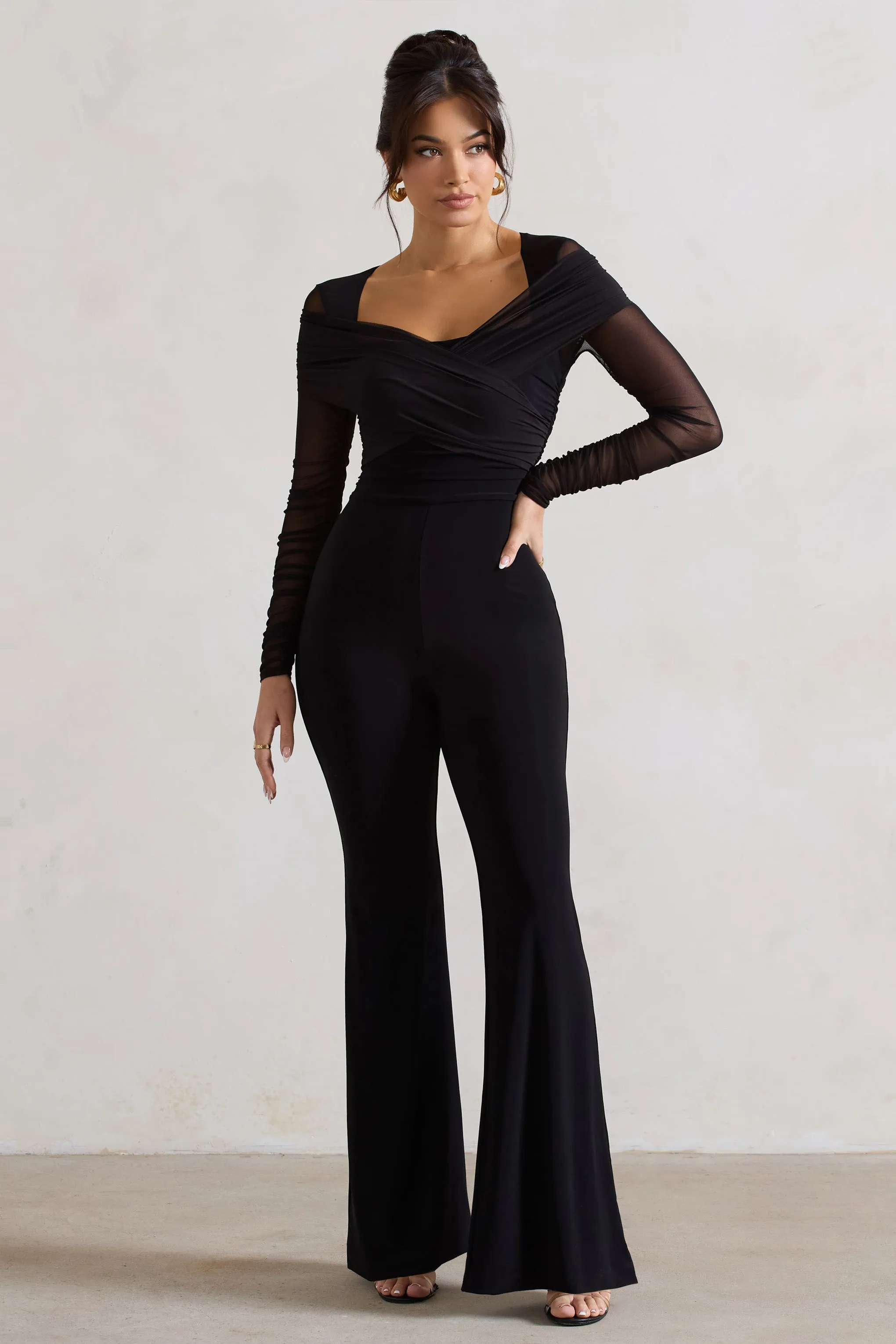 Black Ruched Mesh Jumpsuit with Flared-Leg by Crossed Lines