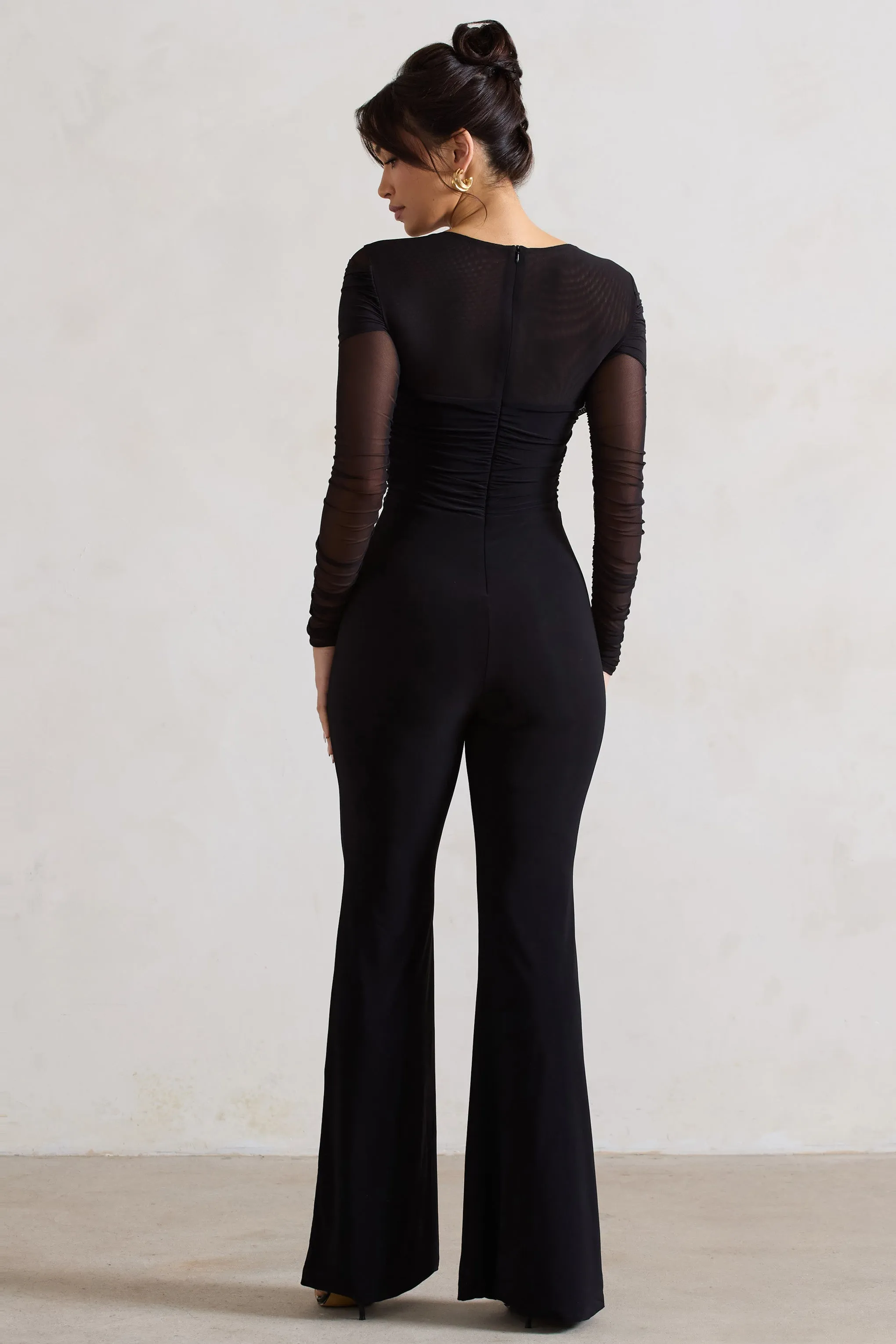 Black Ruched Mesh Jumpsuit with Flared-Leg by Crossed Lines