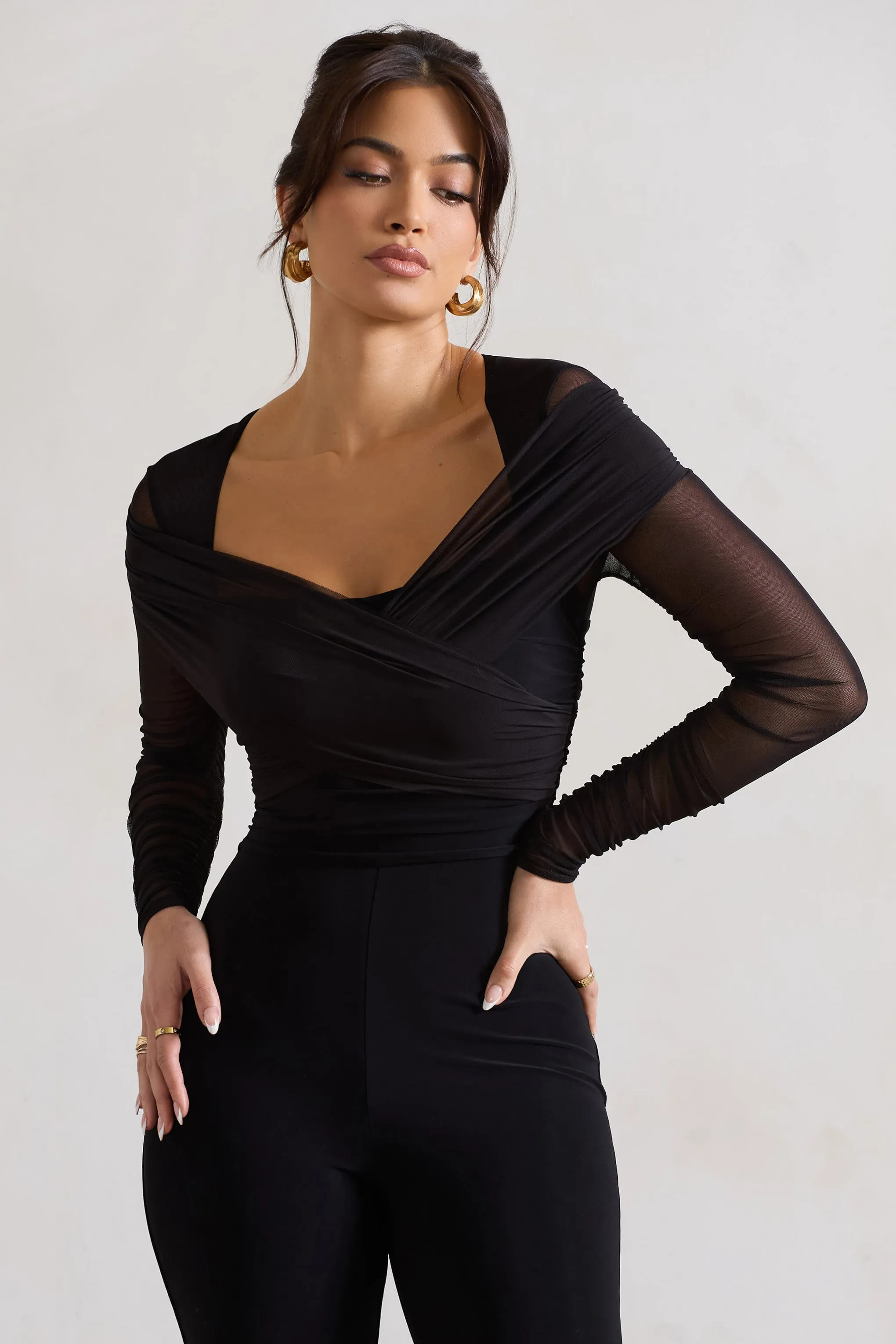 Black Ruched Mesh Jumpsuit with Flared-Leg by Crossed Lines