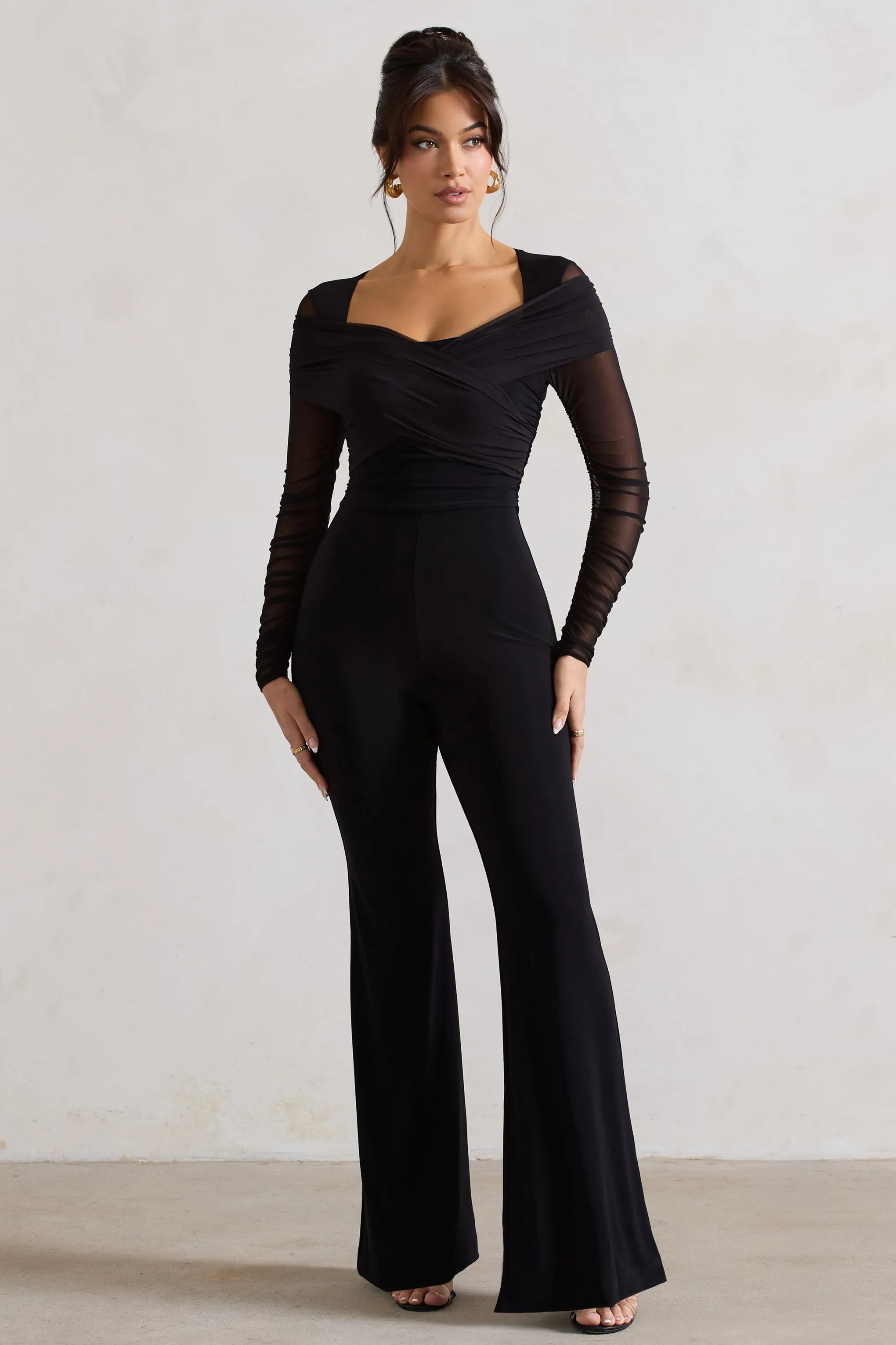 Black Ruched Mesh Jumpsuit with Flared-Leg by Crossed Lines