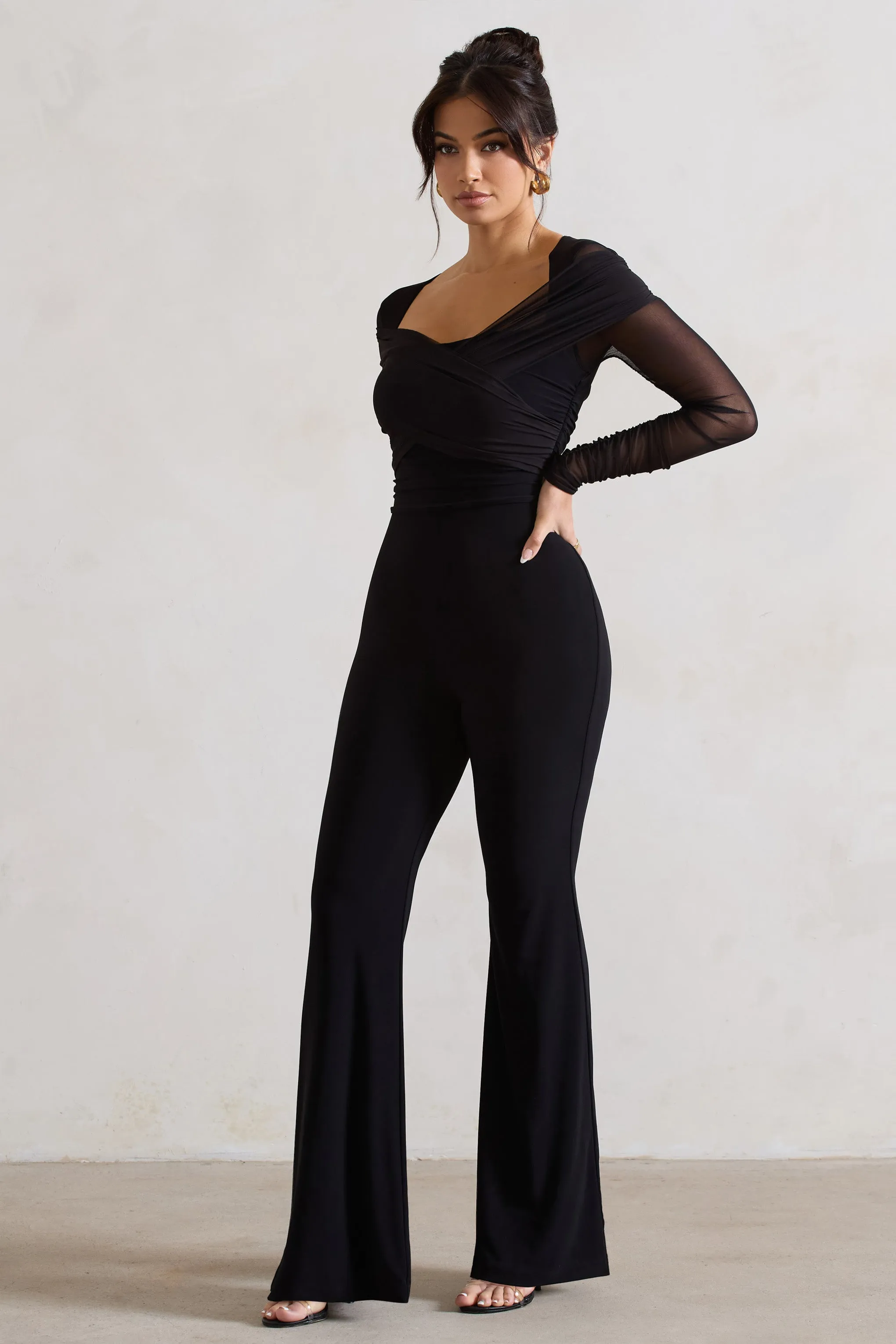 Black Ruched Mesh Jumpsuit with Flared-Leg by Crossed Lines