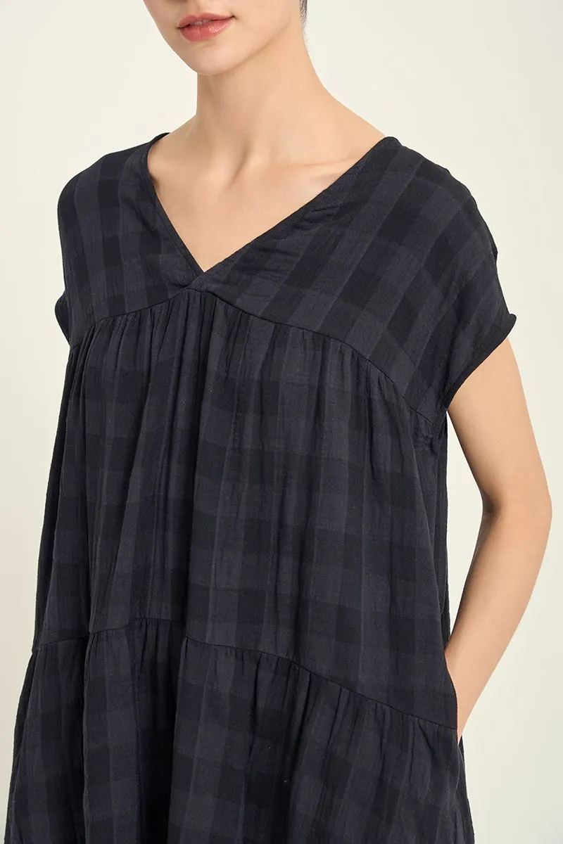 Boxy Gingham Gauze Dress, Loose Fit