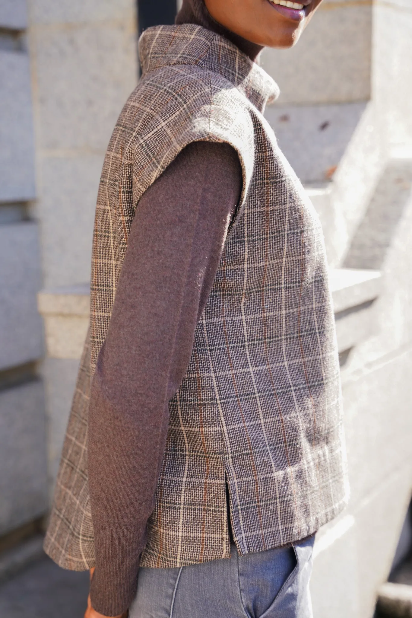 Brown Check Cap Sleeve Coat Top - Result: Brown Plaid Cap Sleeve Jacket Blouse