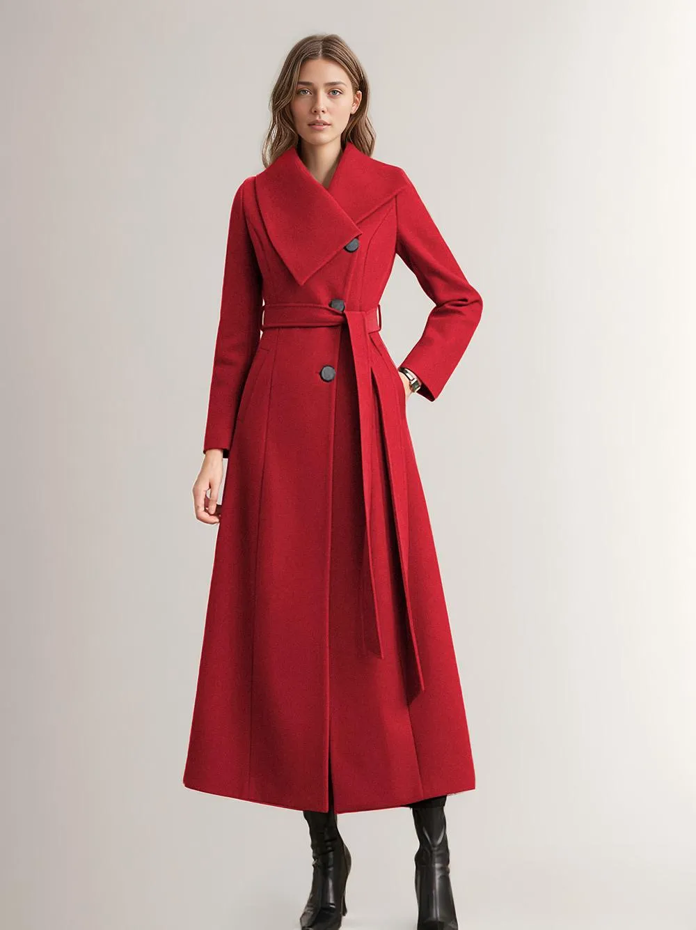 Burgundy Women's Long Coat with Sash - Warm Winter Outerwear 2024