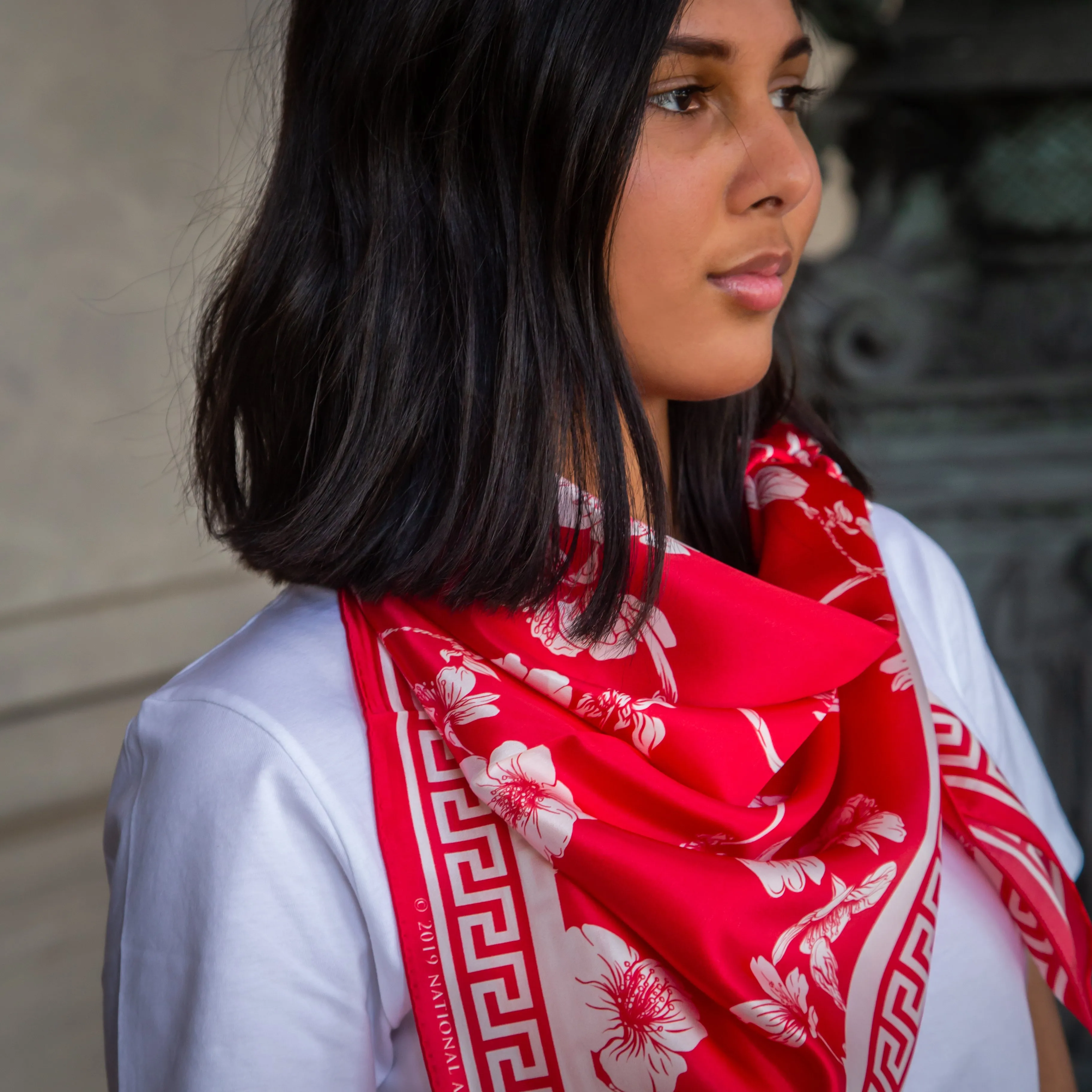 Cherry Blossom Silk Scarf - Red Charmeuse Silk