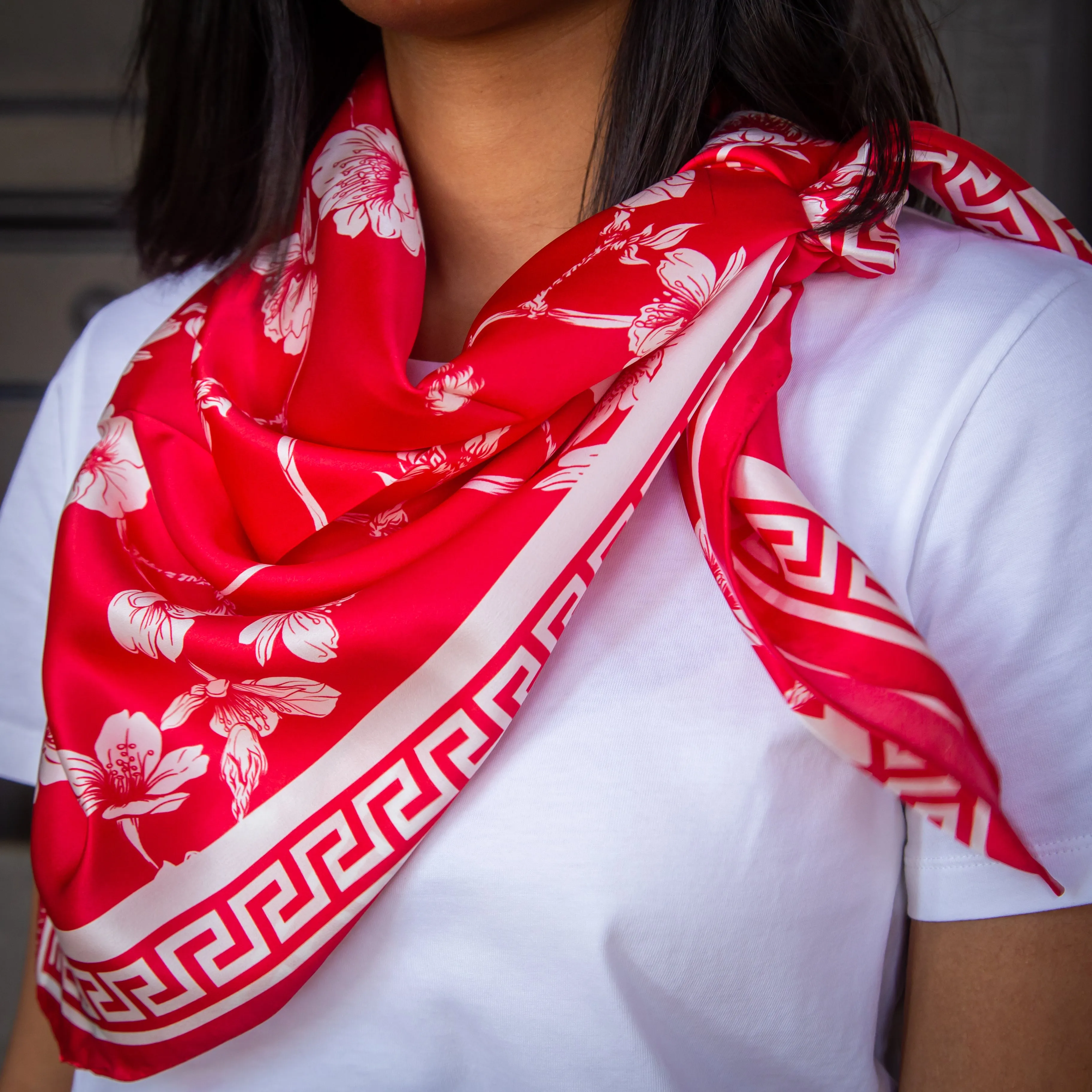 Cherry Blossom Silk Scarf - Red Charmeuse Silk