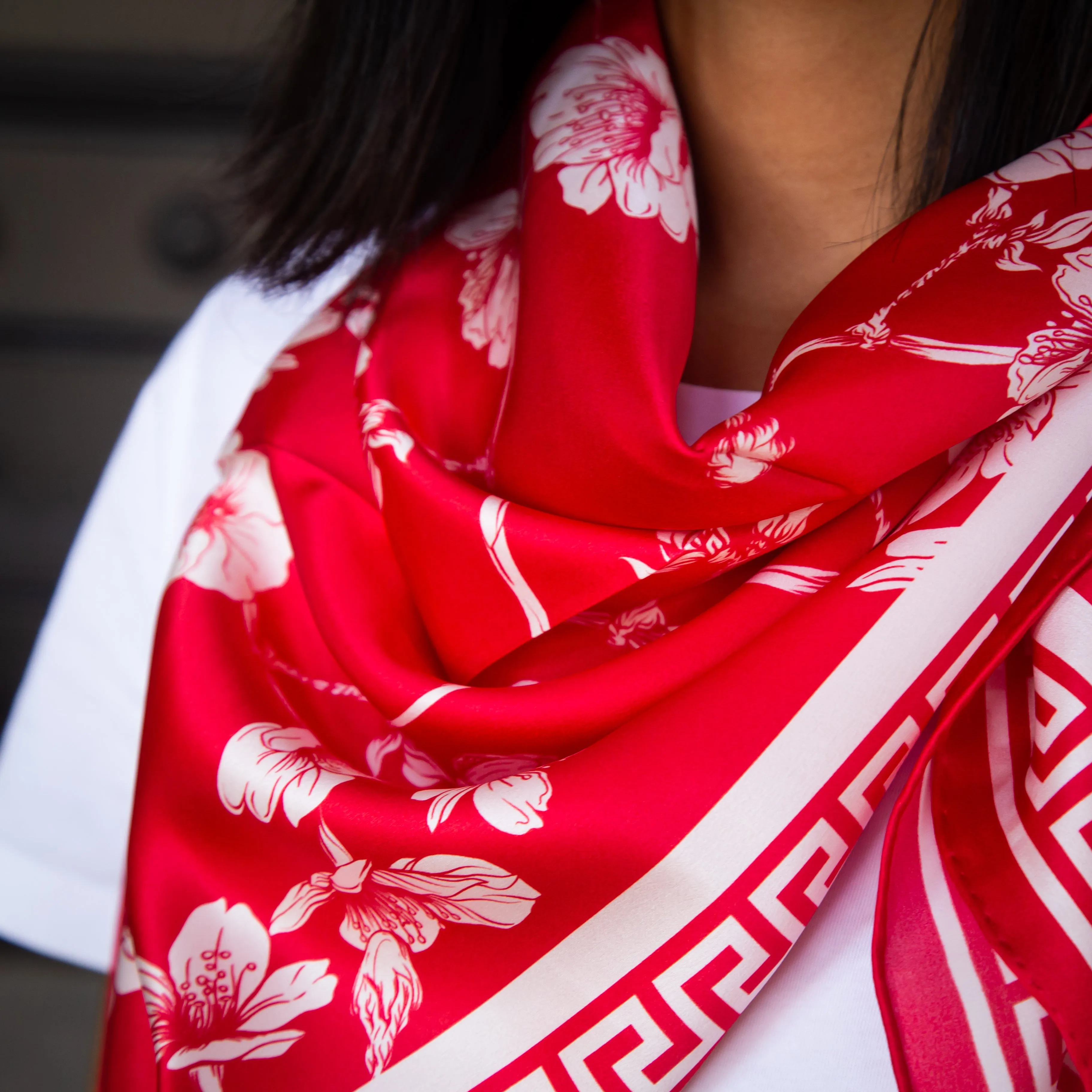 Cherry Blossom Silk Scarf - Red Charmeuse Silk