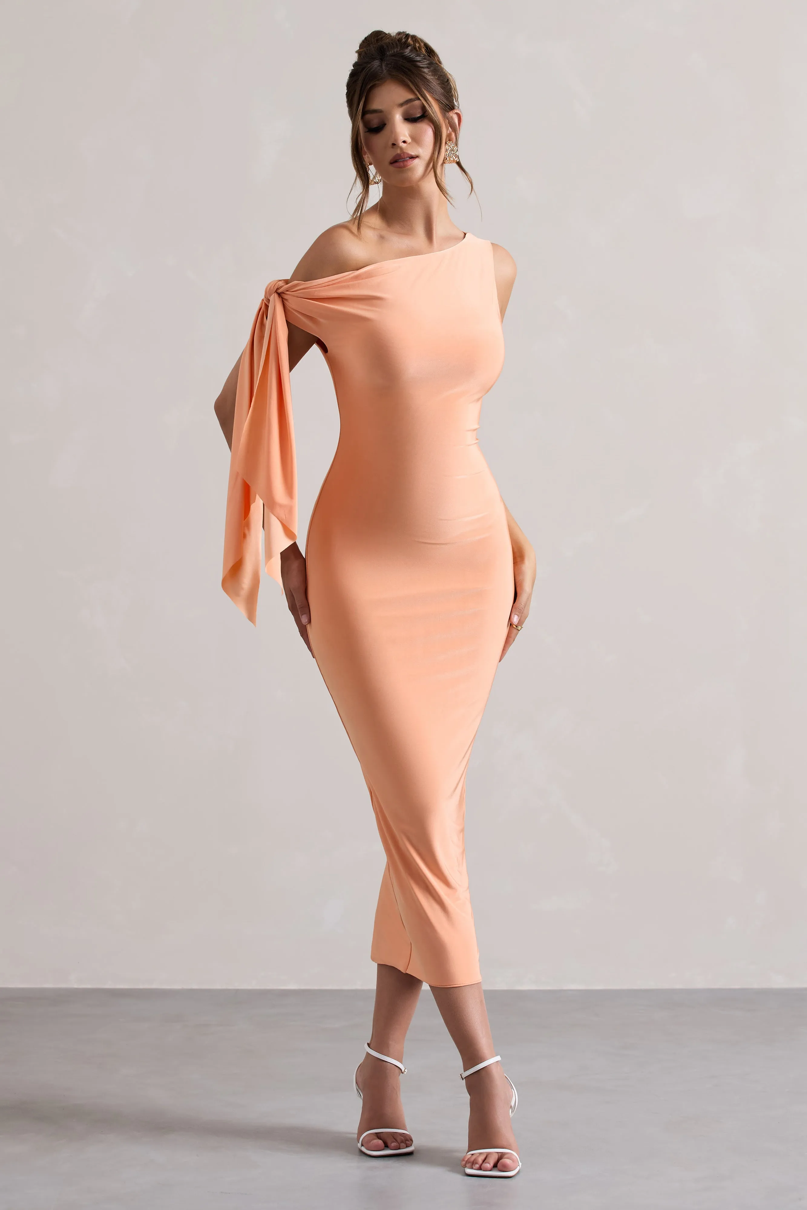 Coral Asymmetric Midi Dress | Stylish Tie Sleeve Design