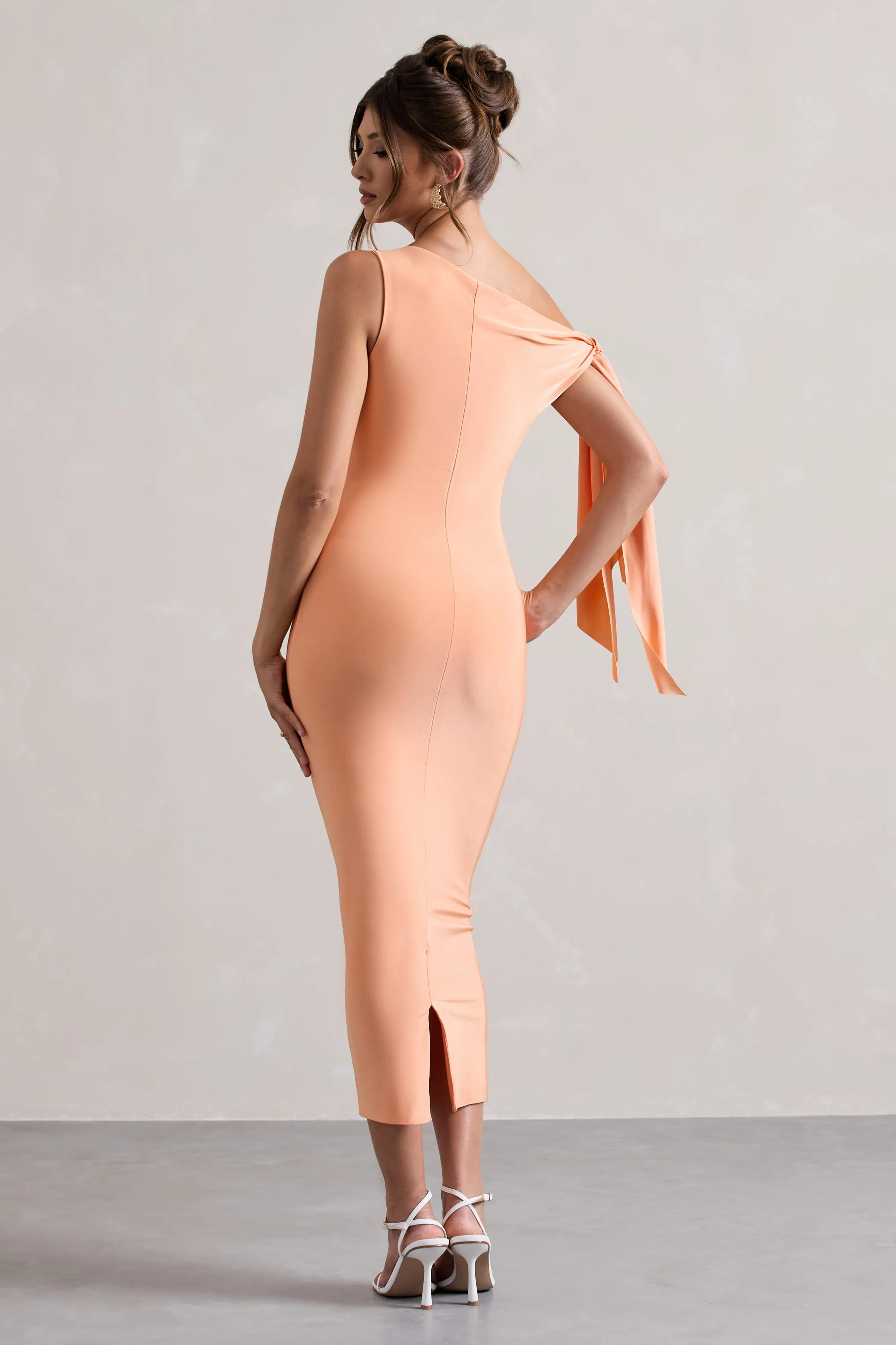 Coral Asymmetric Midi Dress | Stylish Tie Sleeve Design