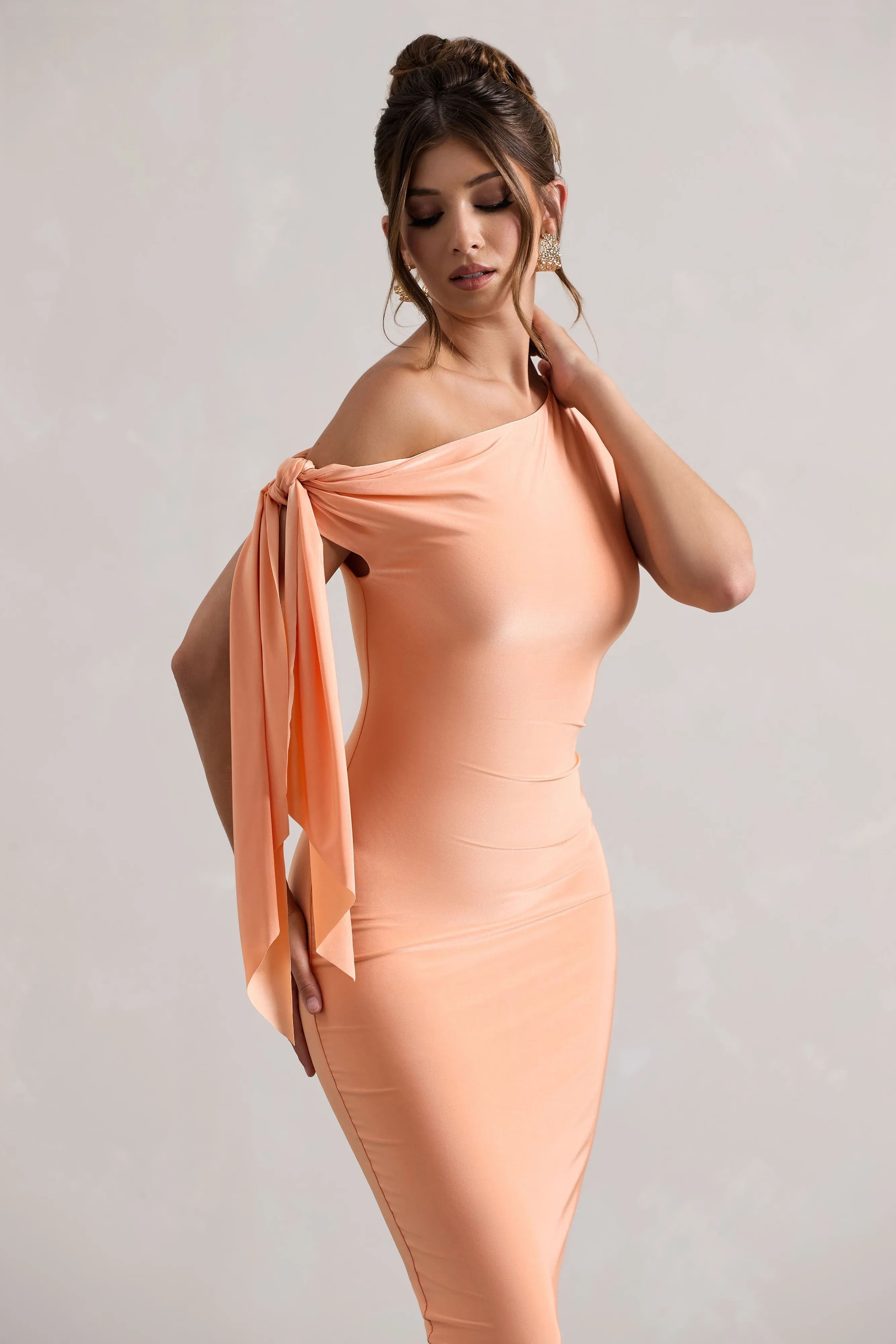 Coral Asymmetric Midi Dress | Stylish Tie Sleeve Design