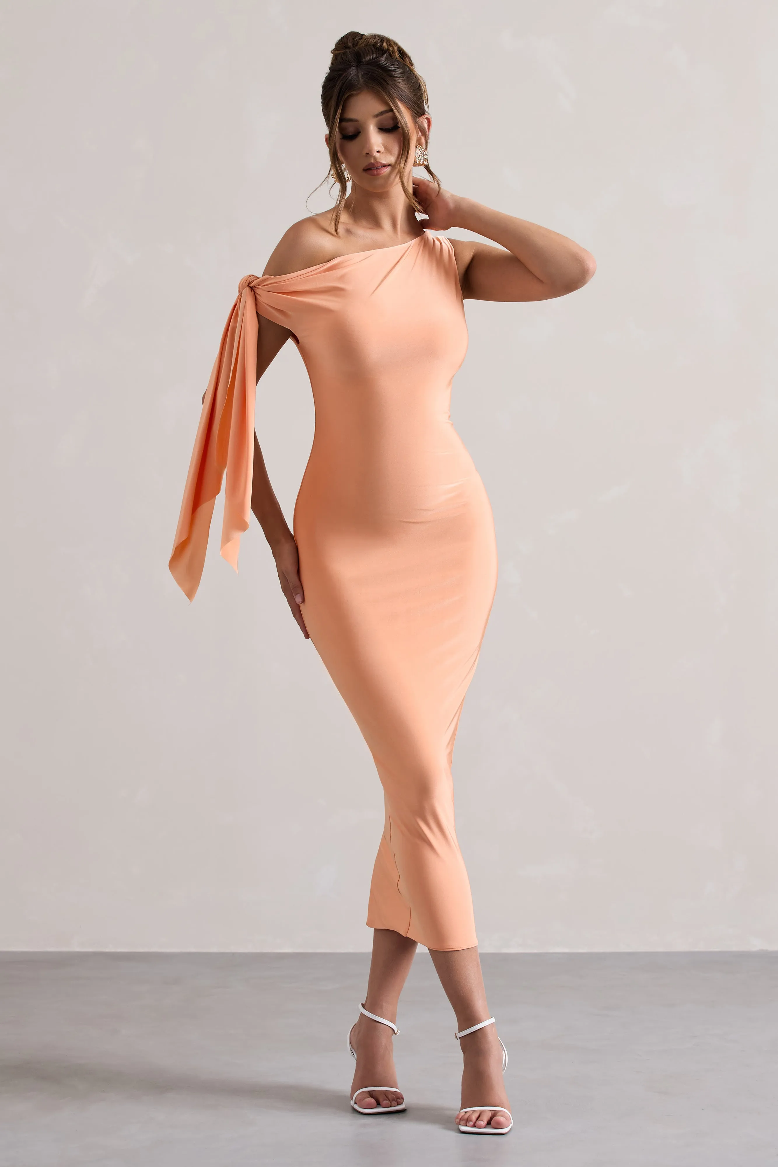 Coral Asymmetric Midi Dress | Stylish Tie Sleeve Design