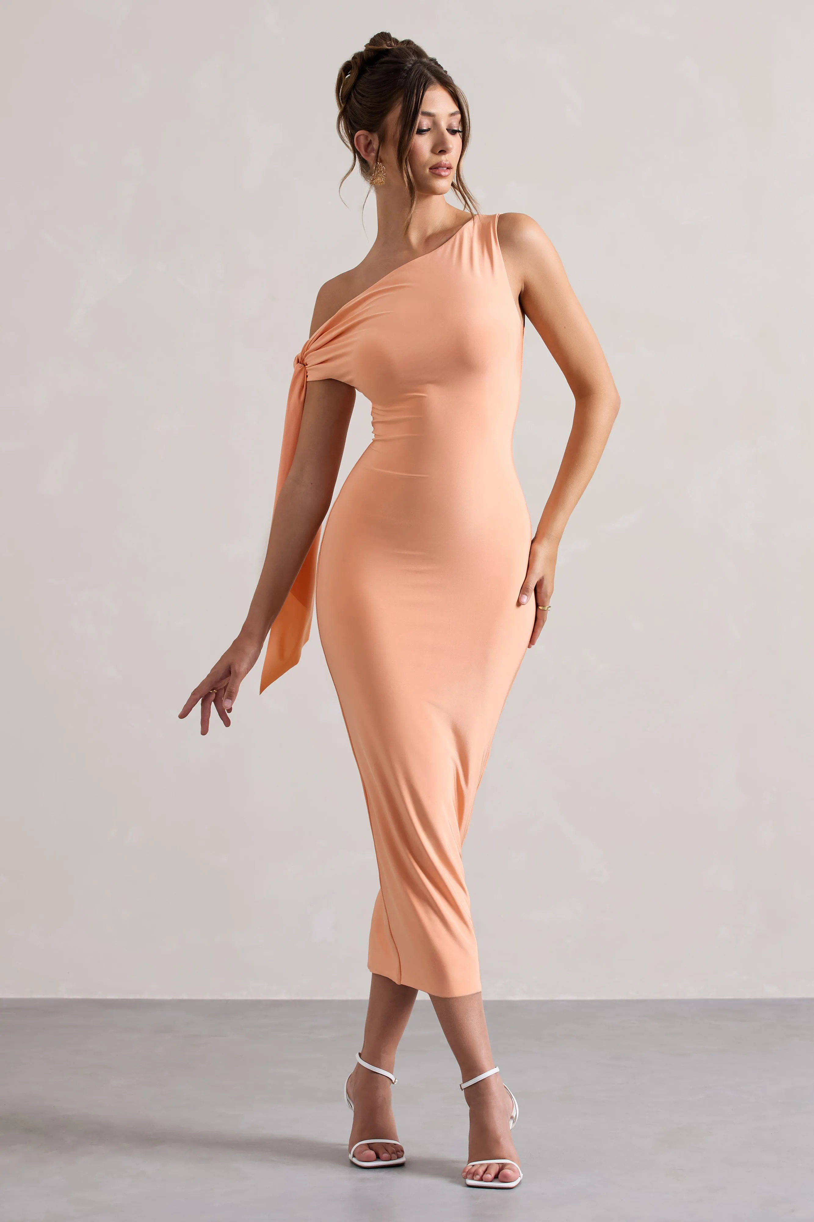 Coral Asymmetric Midi Dress | Stylish Tie Sleeve Design