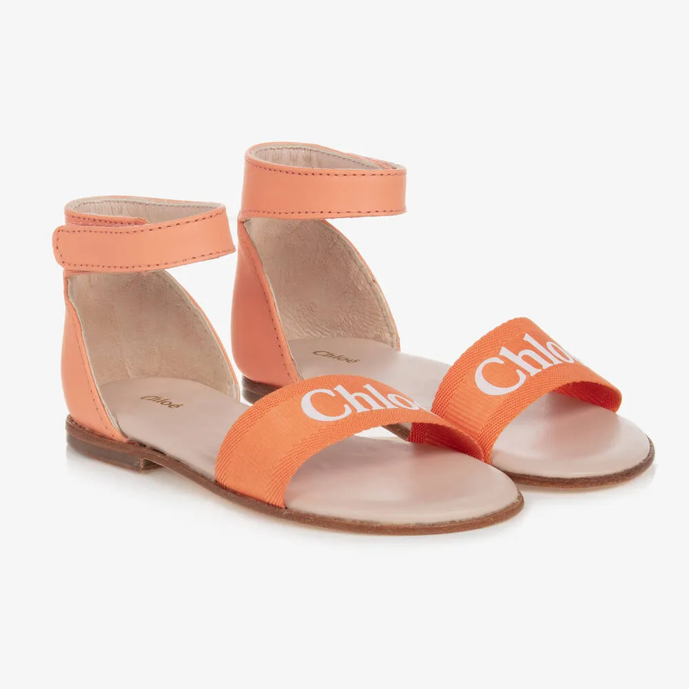 Coral Pink Leather Logo Sandals for Girls