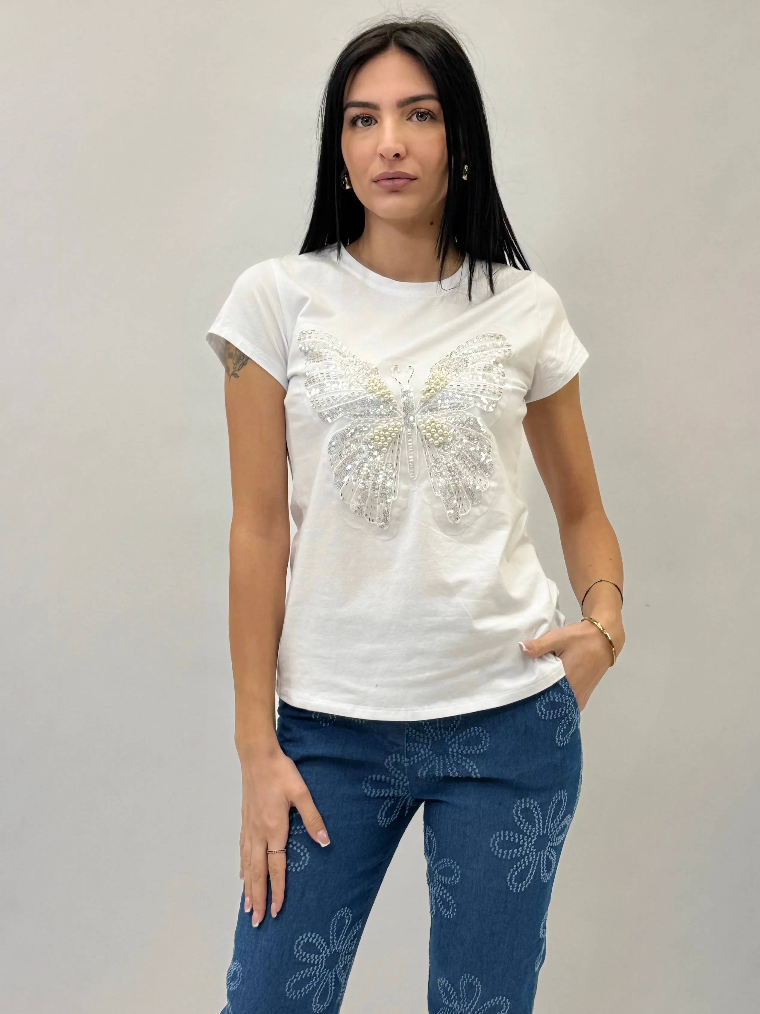 Cotton T-shirt with Embroidered Butterfly Jewelry