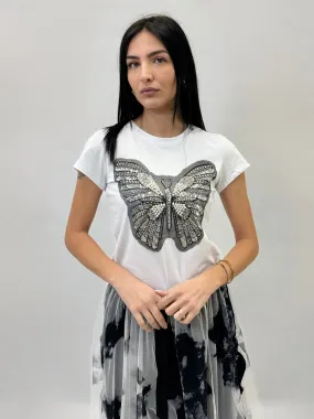 Cotton T-shirt with Embroidered Butterfly Jewelry