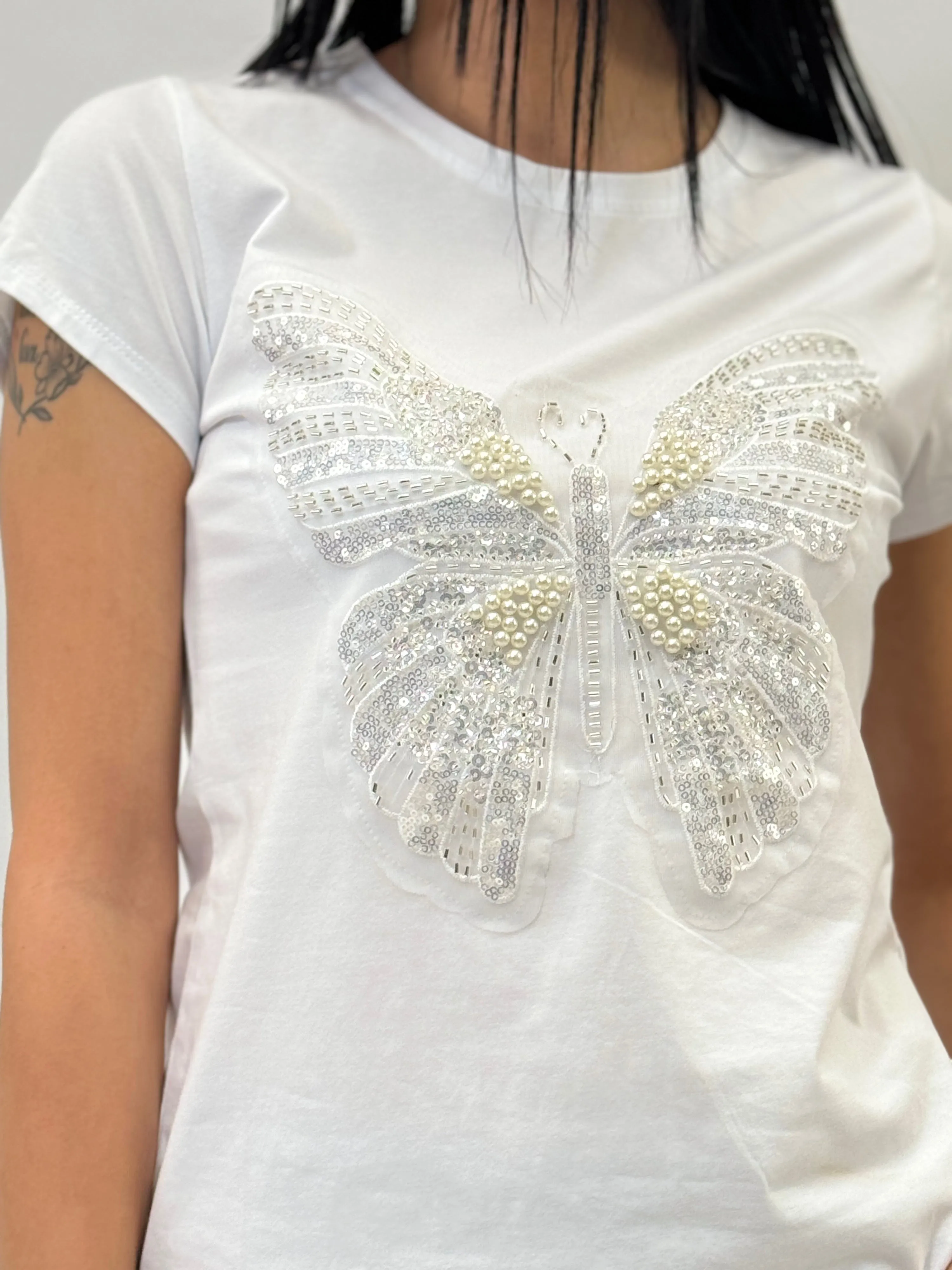 Cotton T-shirt with Embroidered Butterfly Jewelry