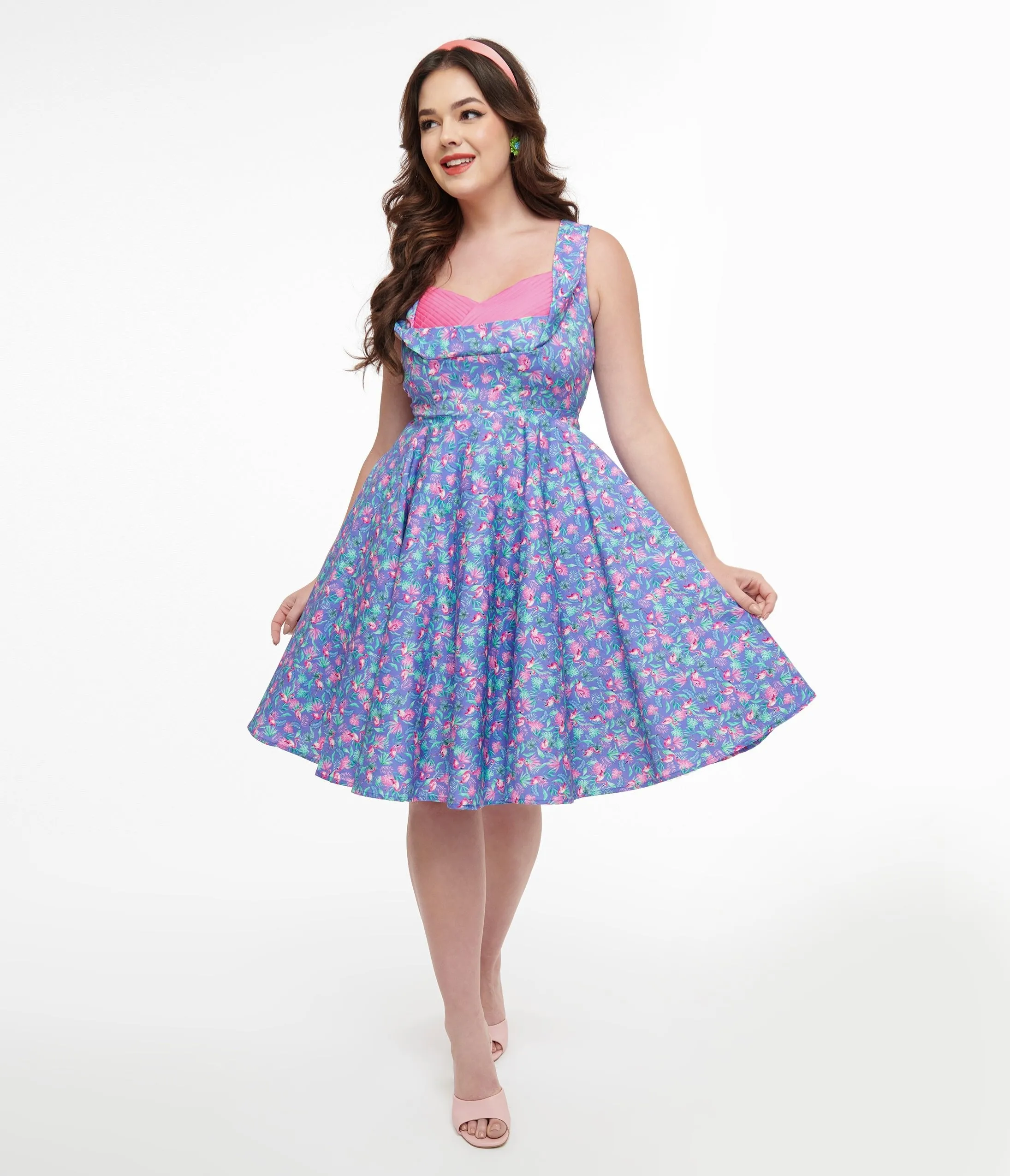 Dolly & Dotty Flamingo Leaf Print Swing Dress - 1950s Purple & Pink Grace