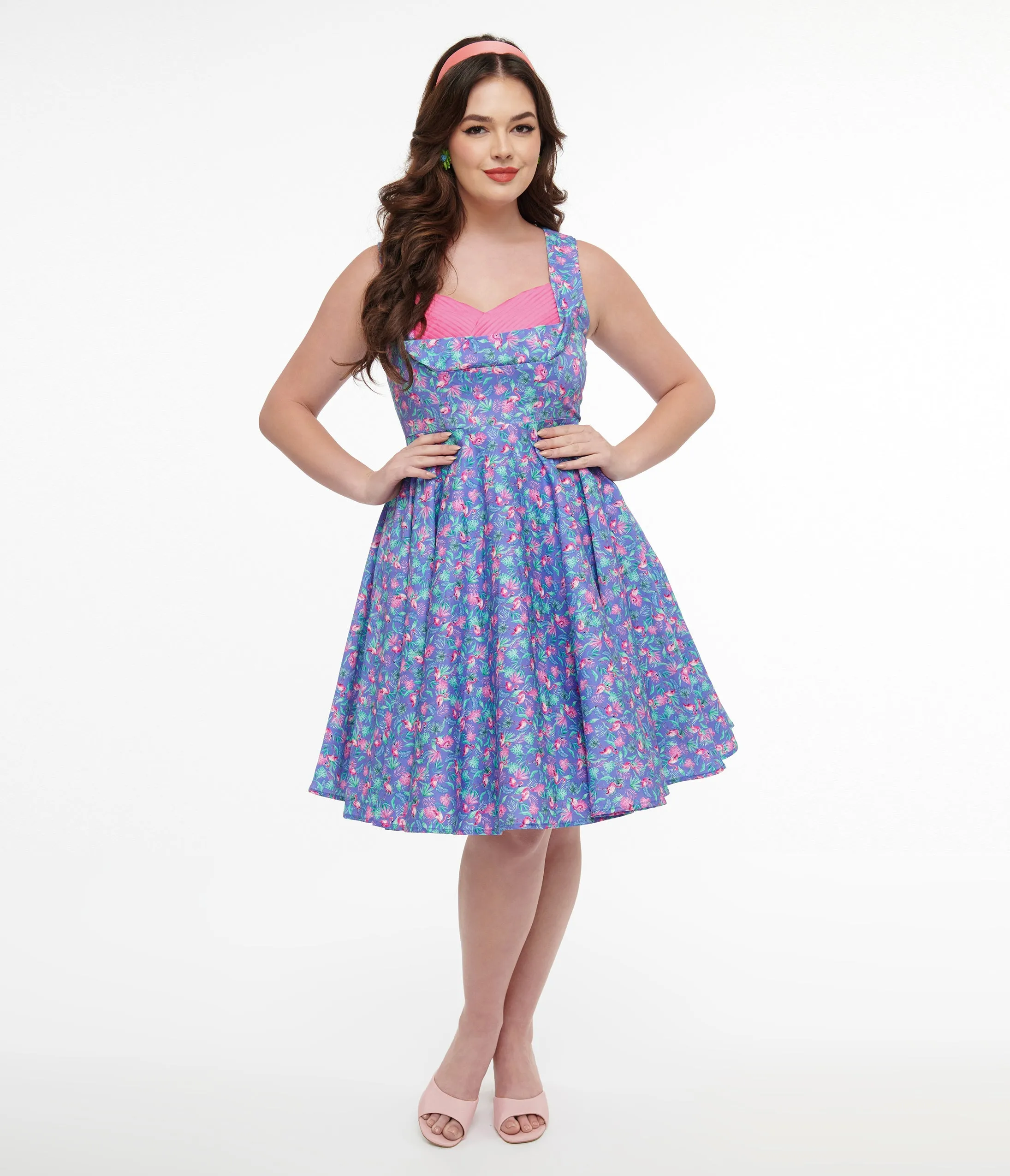 Dolly & Dotty Flamingo Leaf Print Swing Dress - 1950s Purple & Pink Grace