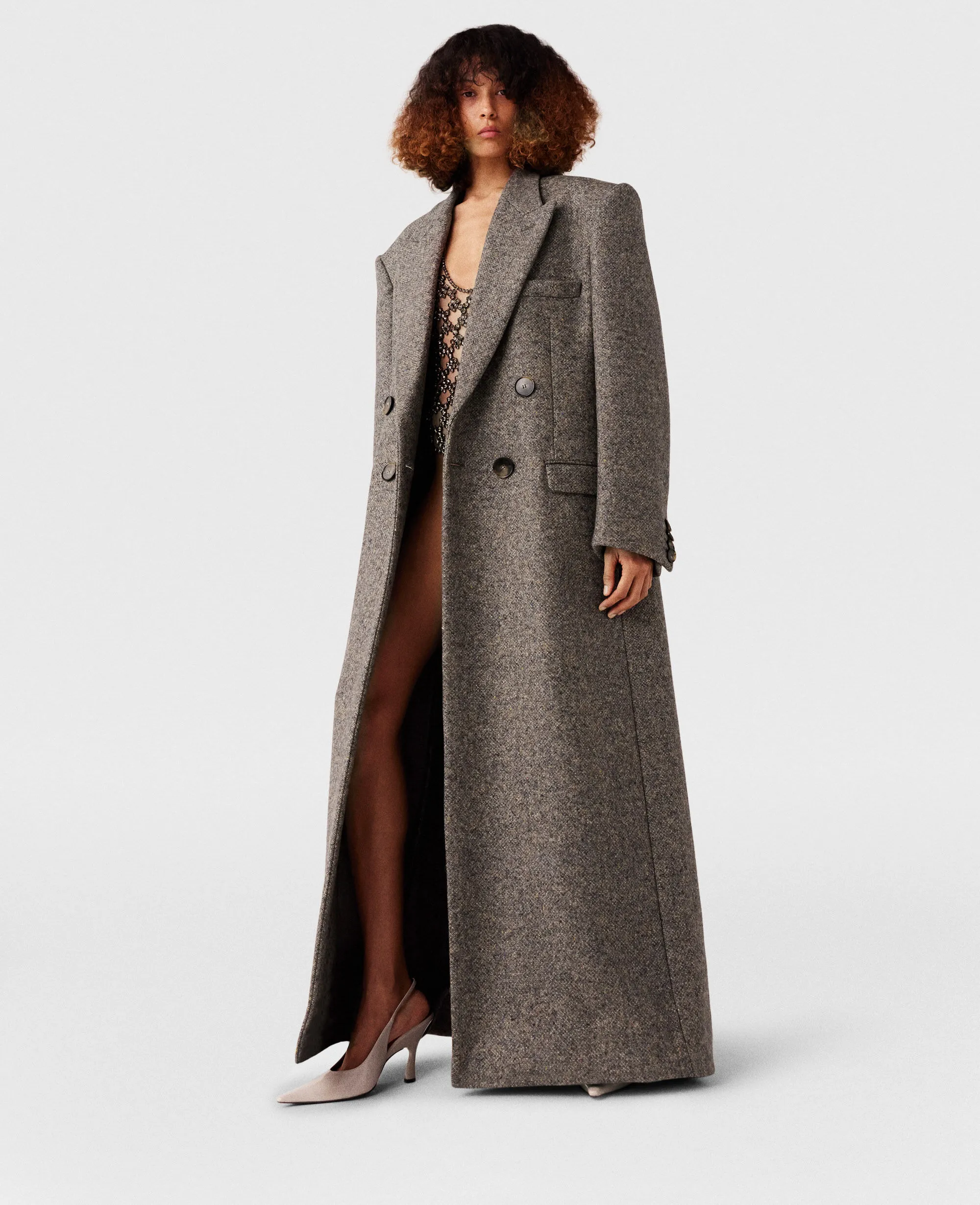 Double-Breasted Tweed Long Coat