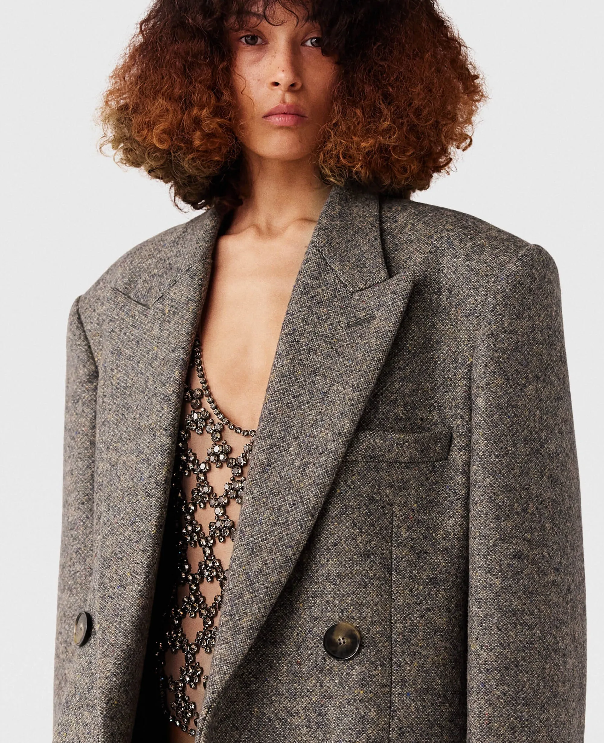 Double-Breasted Tweed Long Coat