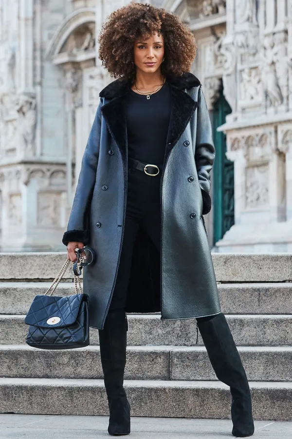 Faux Shearling Belted Trench Coat in Black