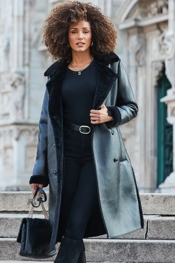 Faux Shearling Belted Trench Coat in Black