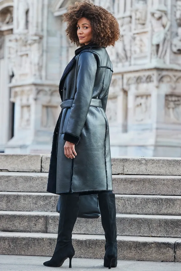 Faux Shearling Belted Trench Coat in Black