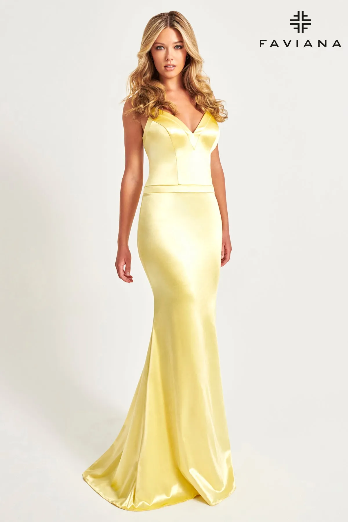 Faviana Deep Crossover Back Satin Maxi Dress, Style 11052 with V-Neck