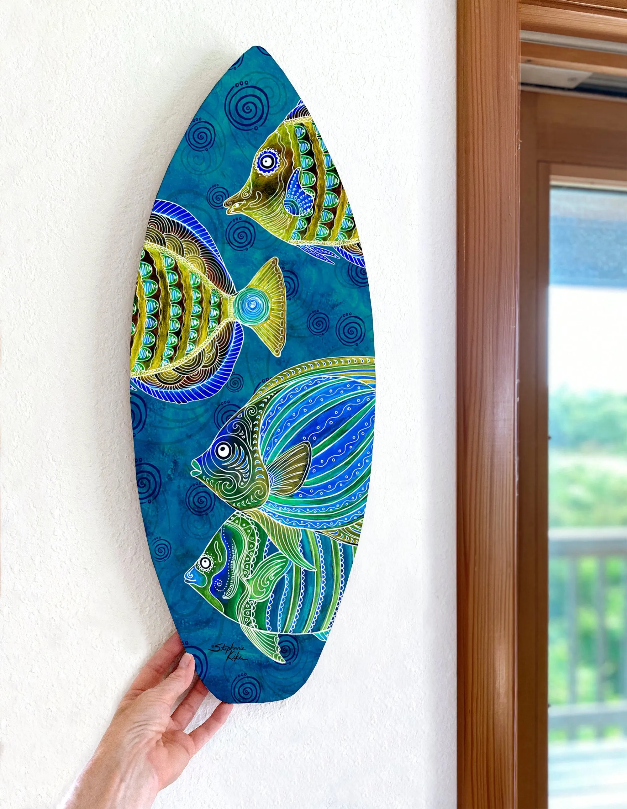 Fish Surfboard Wall Art, ocean-themed home decor.