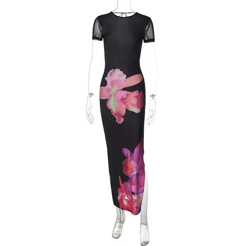 Floral Midnight Cap Sleeve Long Dress