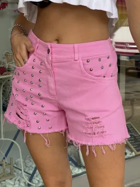 Fuchsia studded pyramid ripped shorts