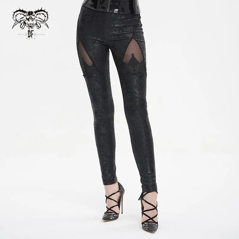 Gothic Floral Embroidered Mesh Splice Leggings for Women