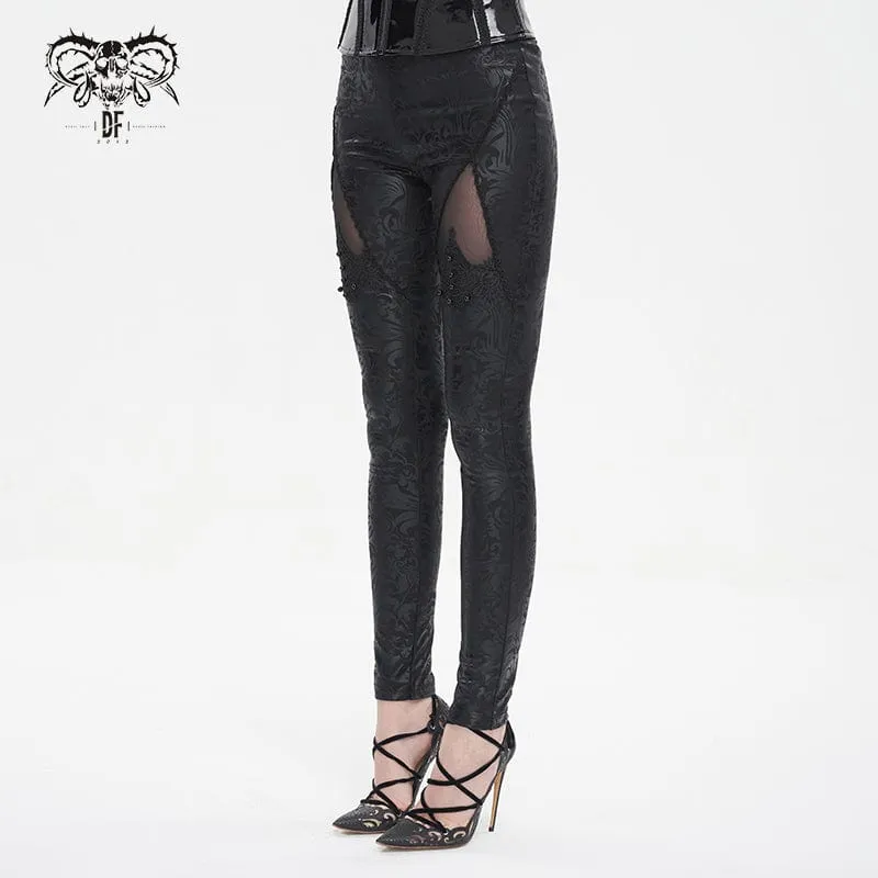 Gothic Floral Embroidered Mesh Splice Leggings for Women