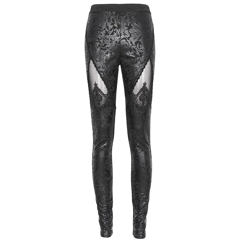 Gothic Floral Embroidered Mesh Splice Leggings for Women