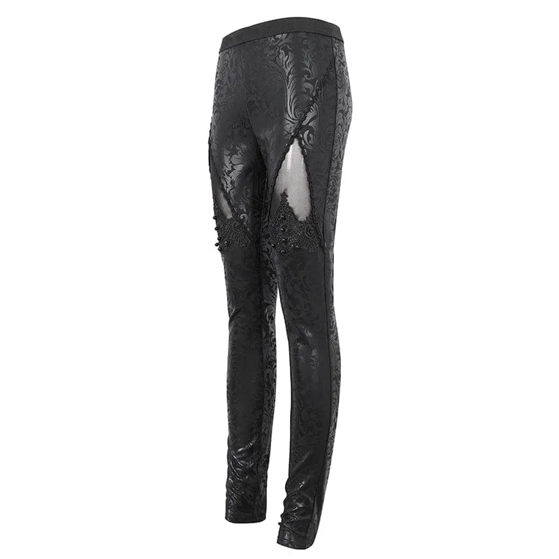 Gothic Floral Embroidered Mesh Splice Leggings for Women