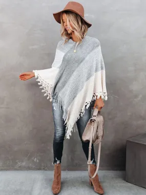 Grey V-Neck Women's Fringe Poncho Cape - Spring Outerwear