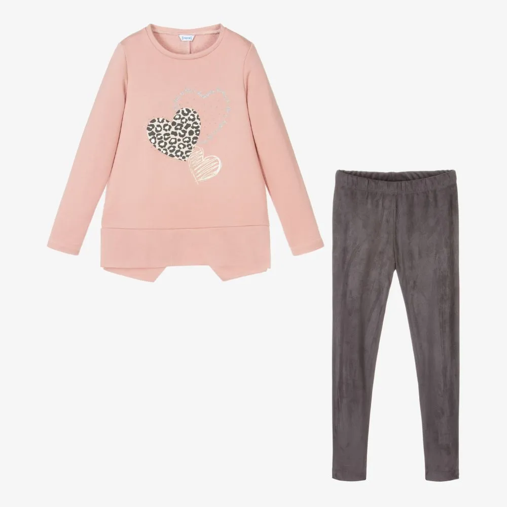 Heart Print Leggings Set in Pink & Grey