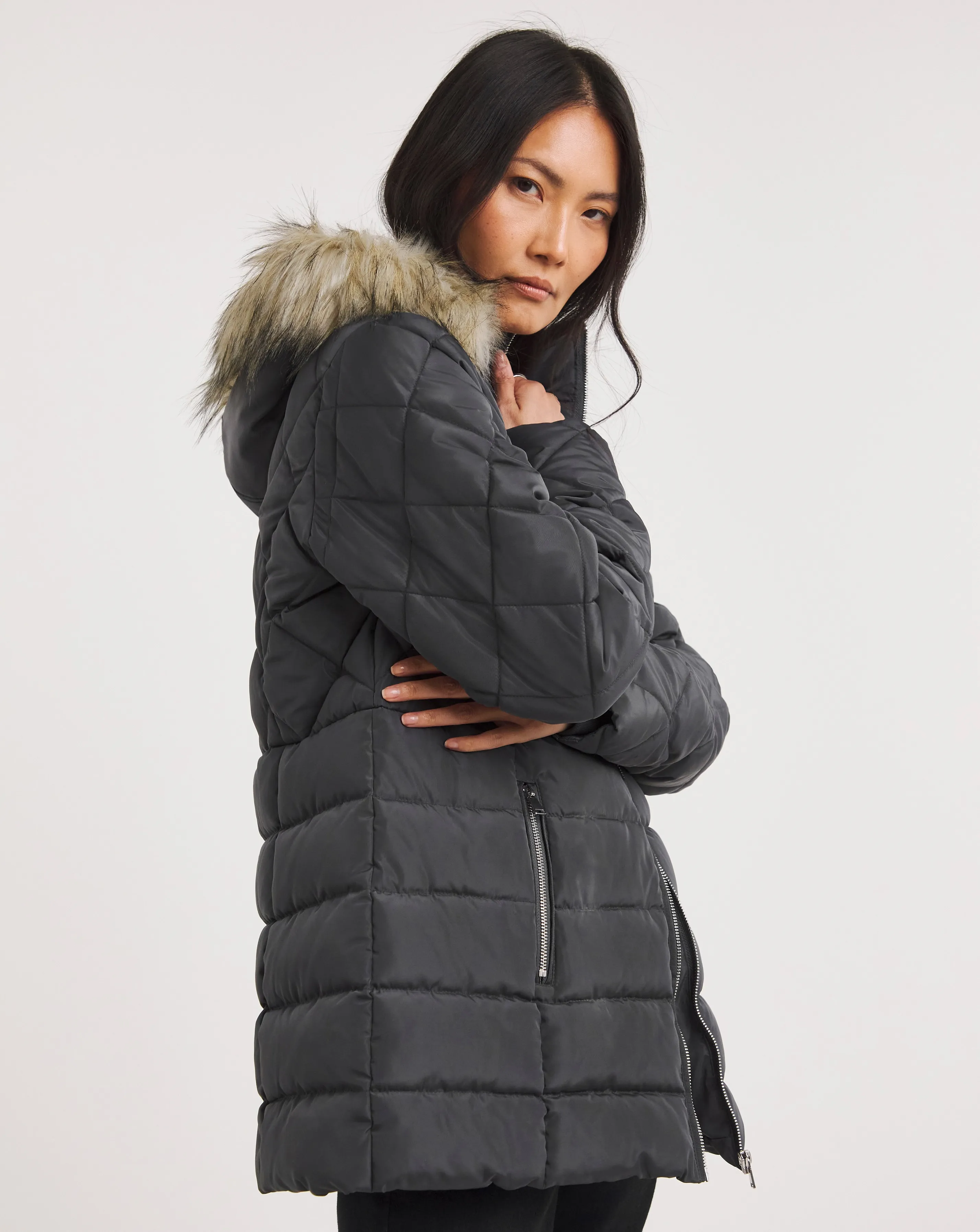 Julipa Padded coat with mixed quilt and fur trim