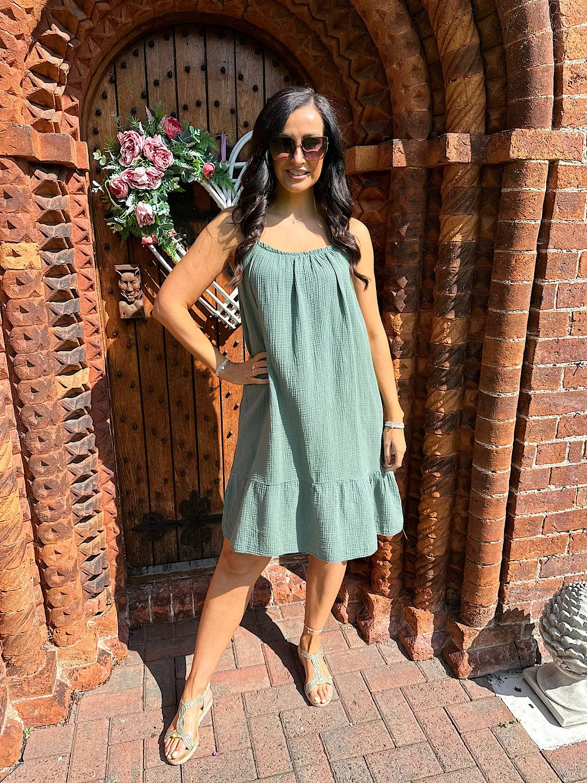 Khaki Bubble Cotton Dress with Strappy Detail - Isla