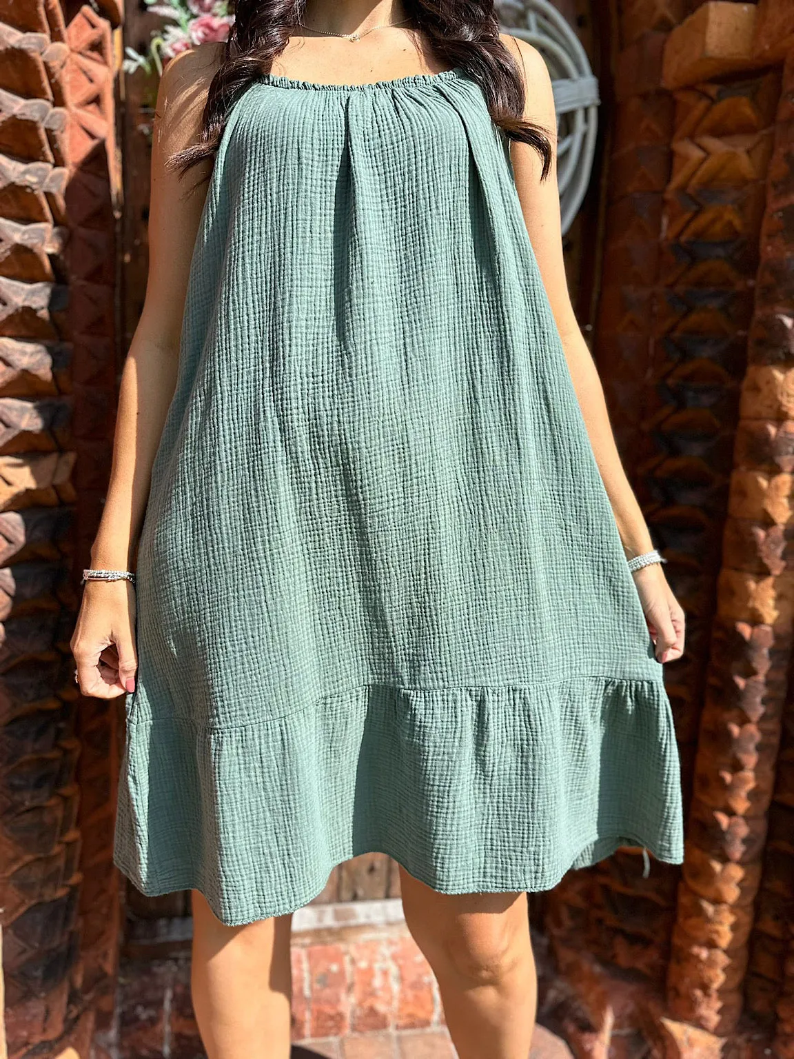 Khaki Bubble Cotton Dress with Strappy Detail - Isla